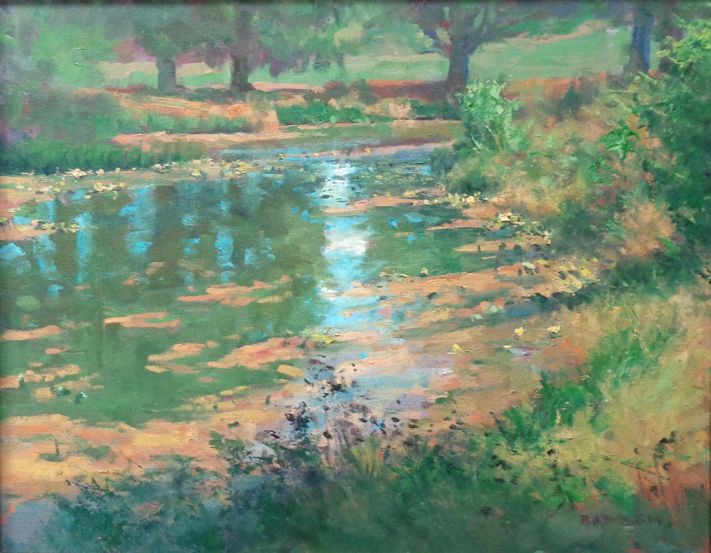 Impressionistic Landscape Oil Painting by Michael Budden Beautiful Light Pond For Sale 1