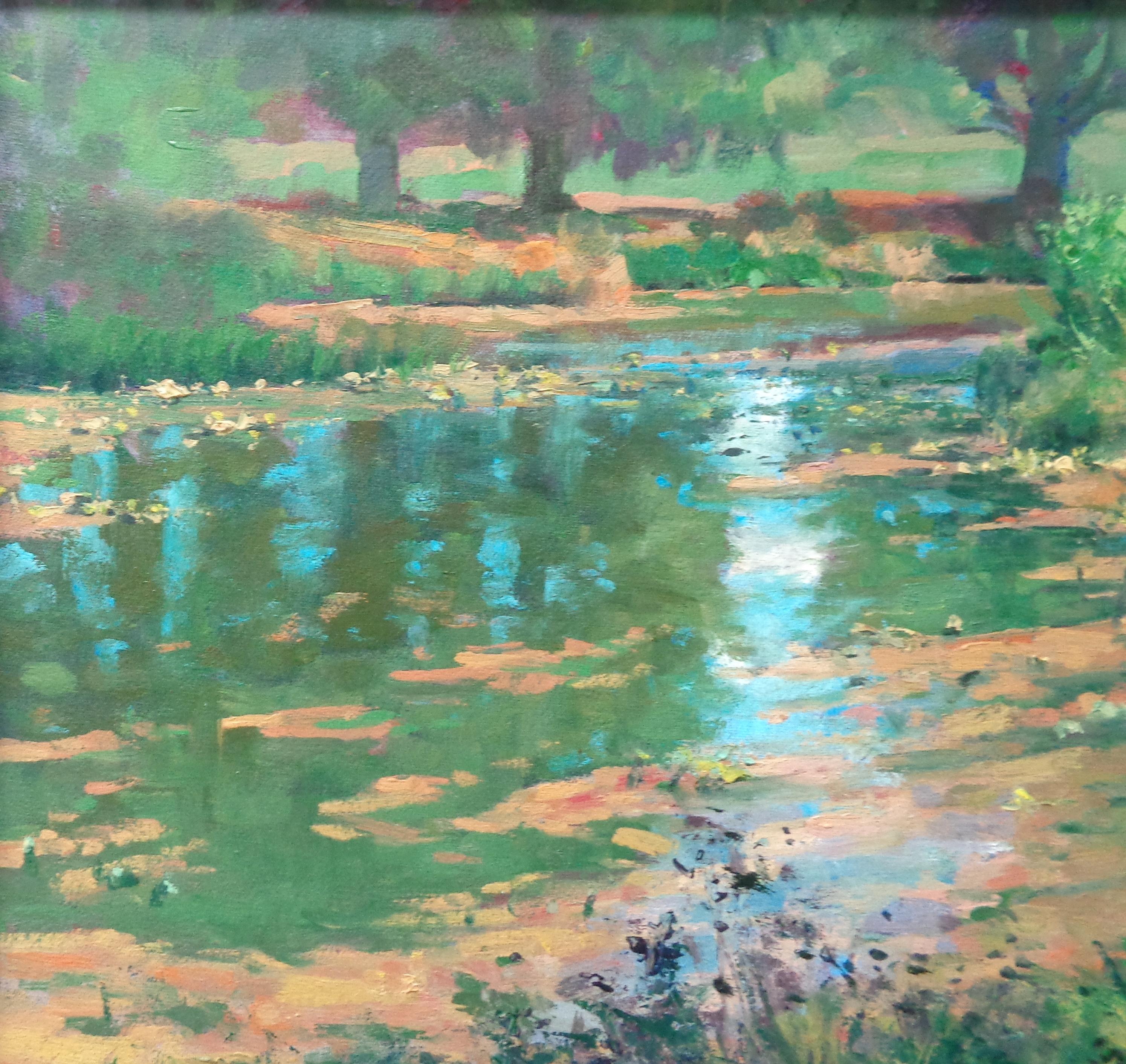 Impressionistic Landscape Oil Painting by Michael Budden Beautiful Light Pond For Sale 2
