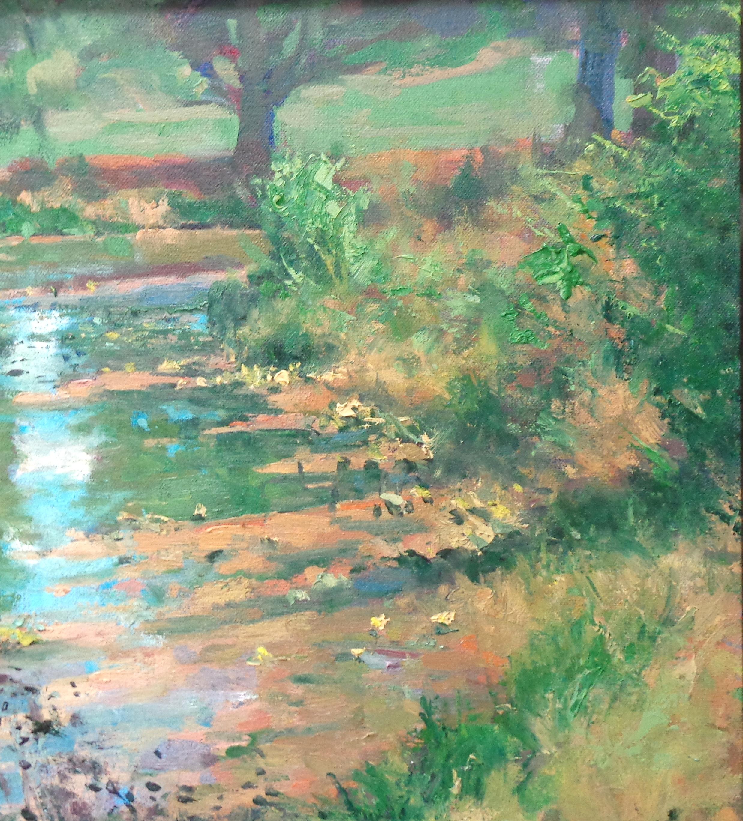 Impressionistic Landscape Oil Painting by Michael Budden Beautiful Light Pond For Sale 3