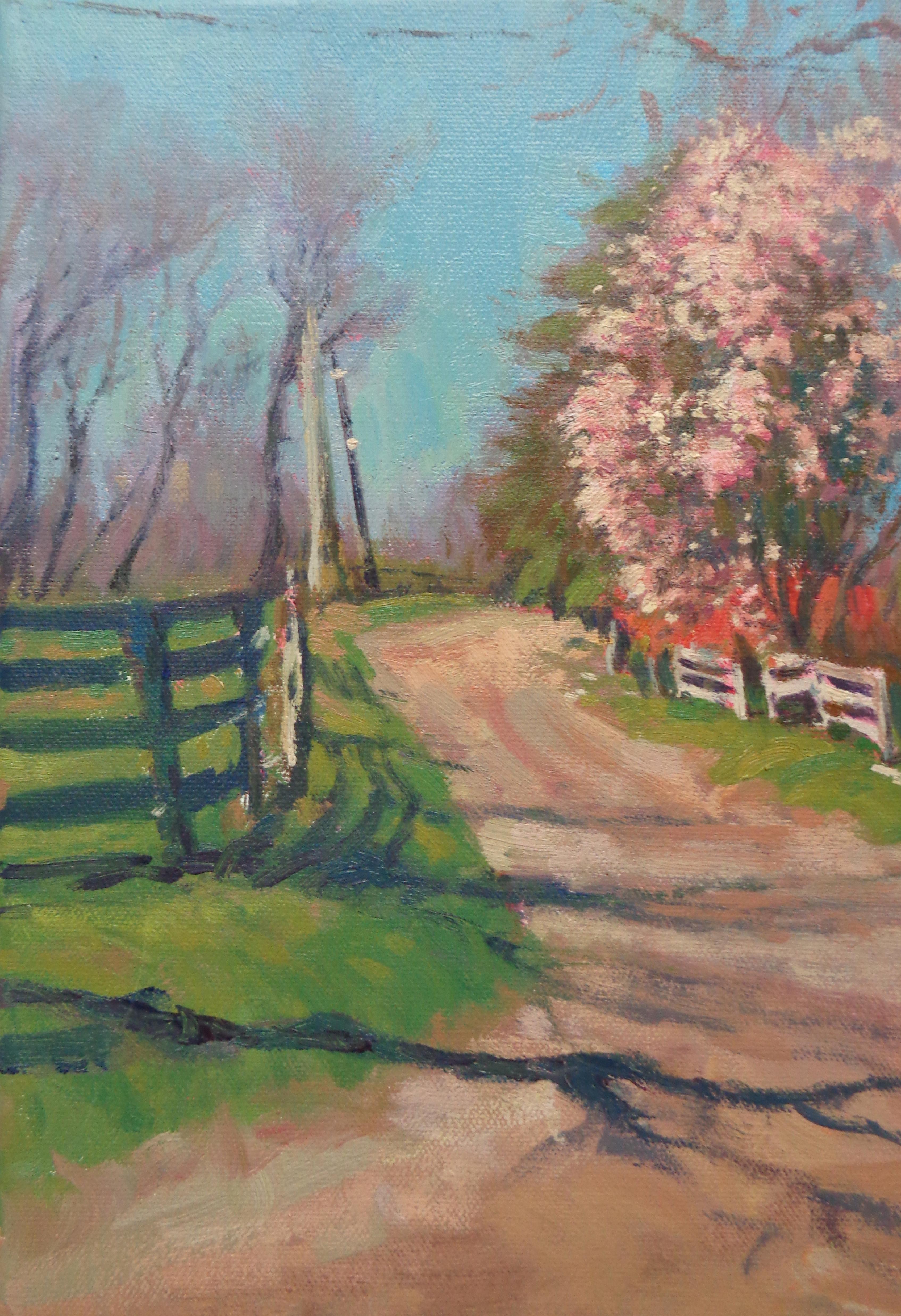An oil painting on canvas that showcases the beautiful light of an early spring day with a view of a flowering tree along a farm lane. Painting is unframed

ARTIST'S STATEMENT
I have been in the art business as an artist and dealer since the early