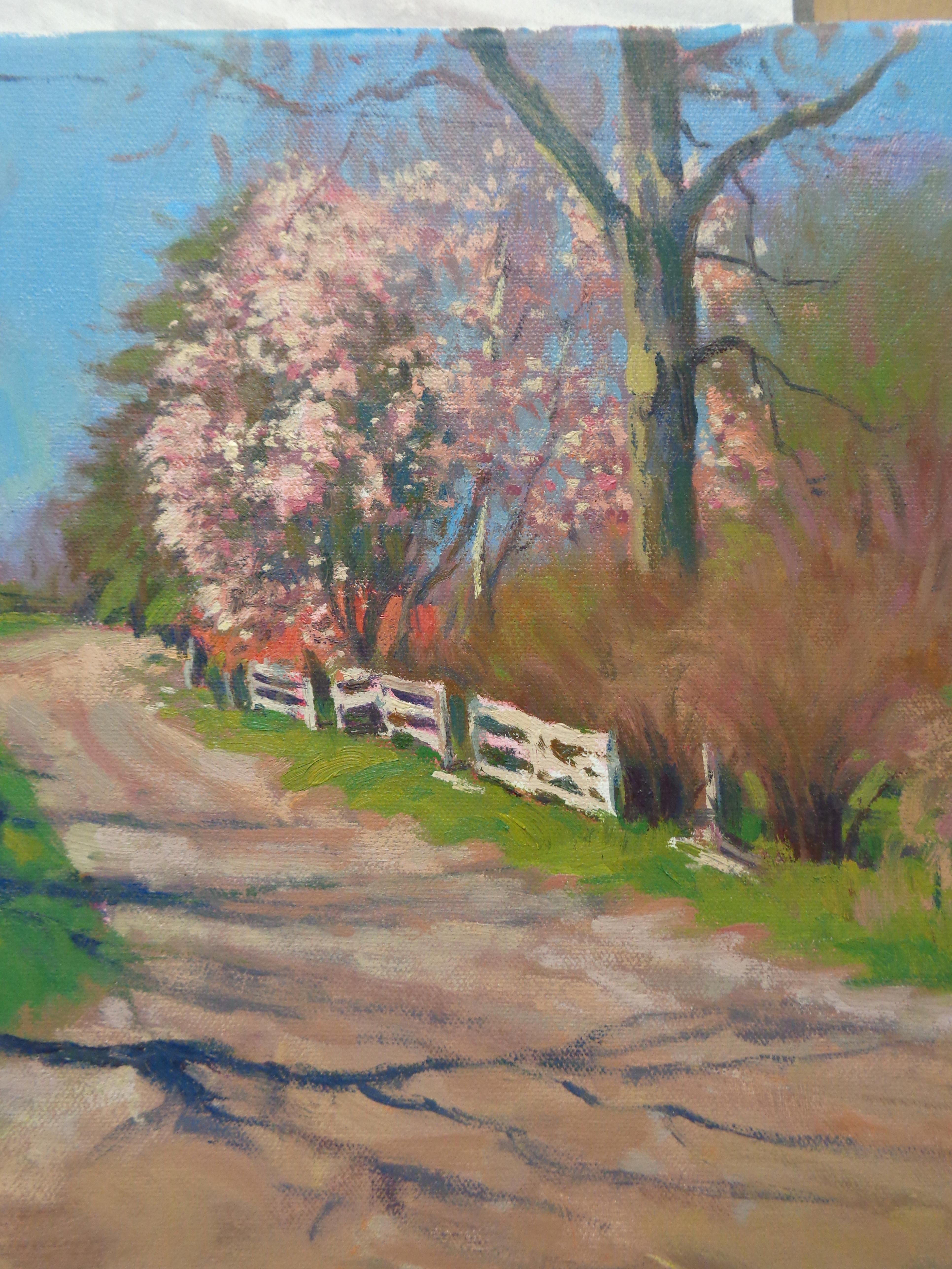  Impressionistic Landscape Oil Painting by Michael Budden Early Spring Farm Lane For Sale 1