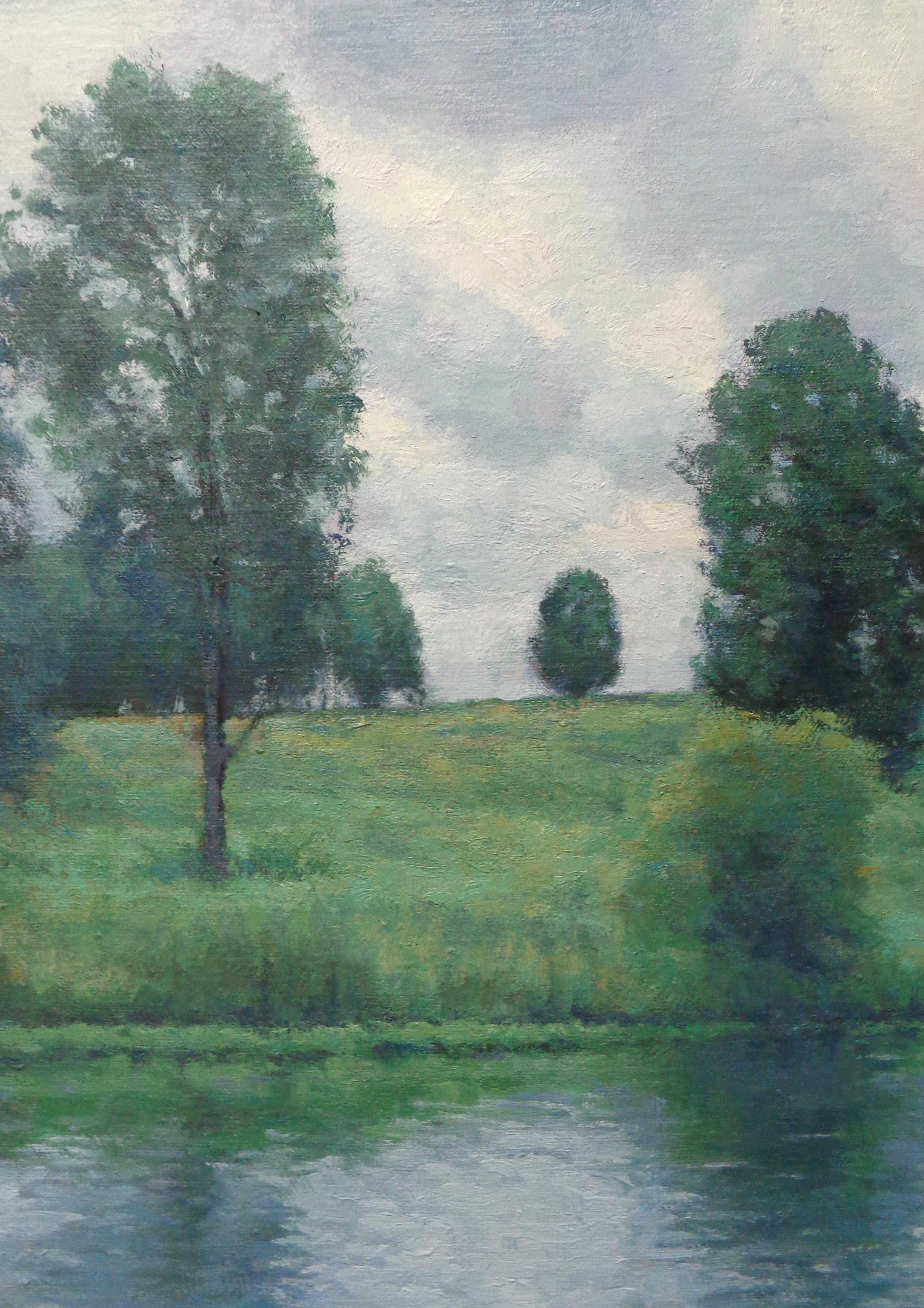 Paisaje impresionista Pintura al óleo de Michael Budden Agujero de pesca en venta 2