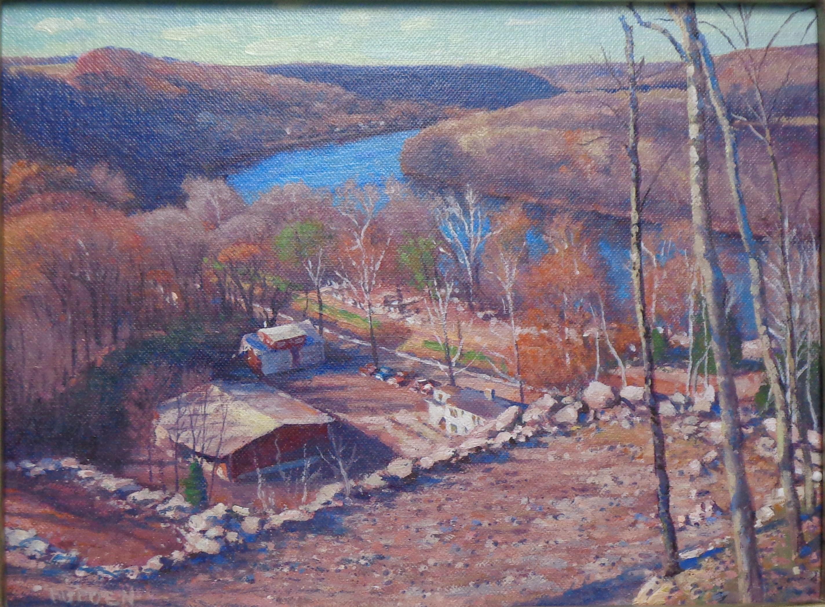Paisaje impresionista Pintura al óleo Michael Budden Otoño Río Delaware en venta 1