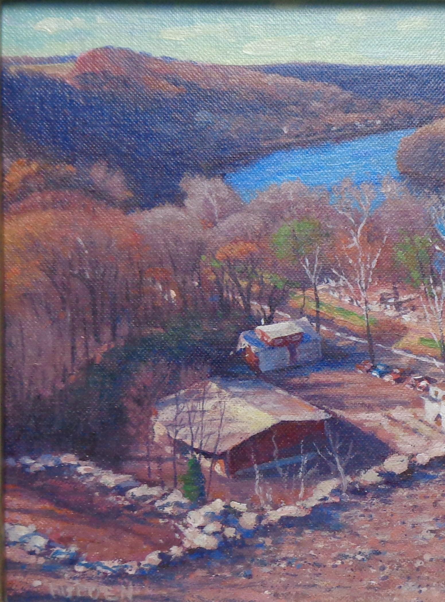 Paisaje impresionista Pintura al óleo Michael Budden Otoño Río Delaware en venta 2