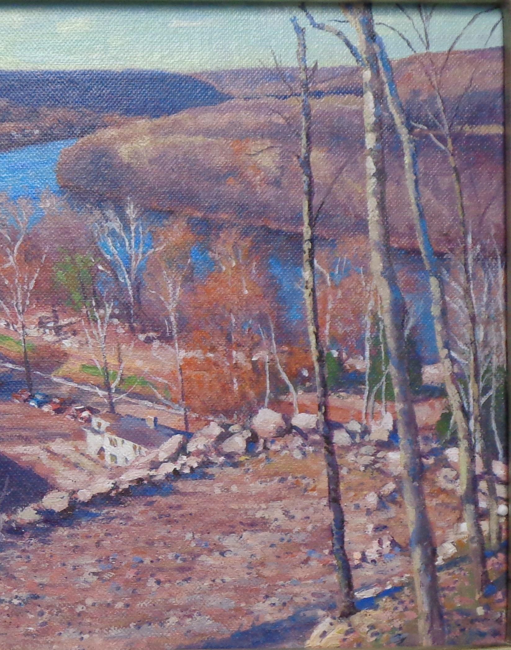 Paisaje impresionista Pintura al óleo Michael Budden Otoño Río Delaware en venta 3