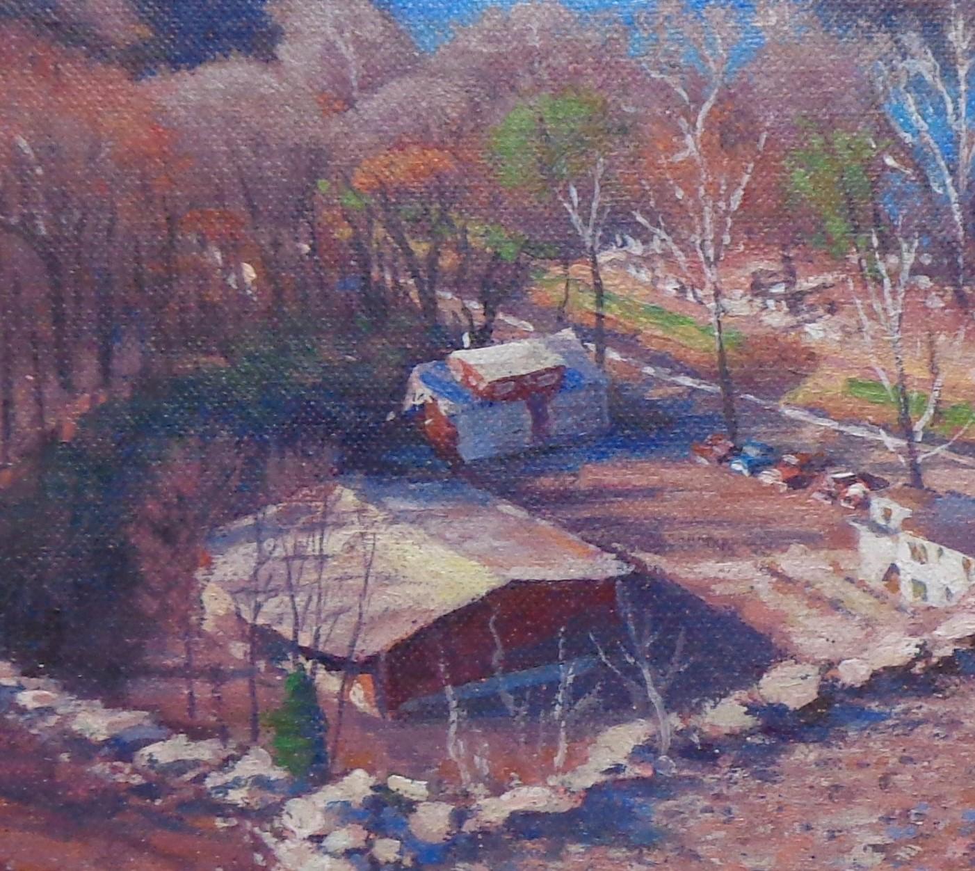 Paisaje impresionista Pintura al óleo Michael Budden Otoño Río Delaware en venta 4