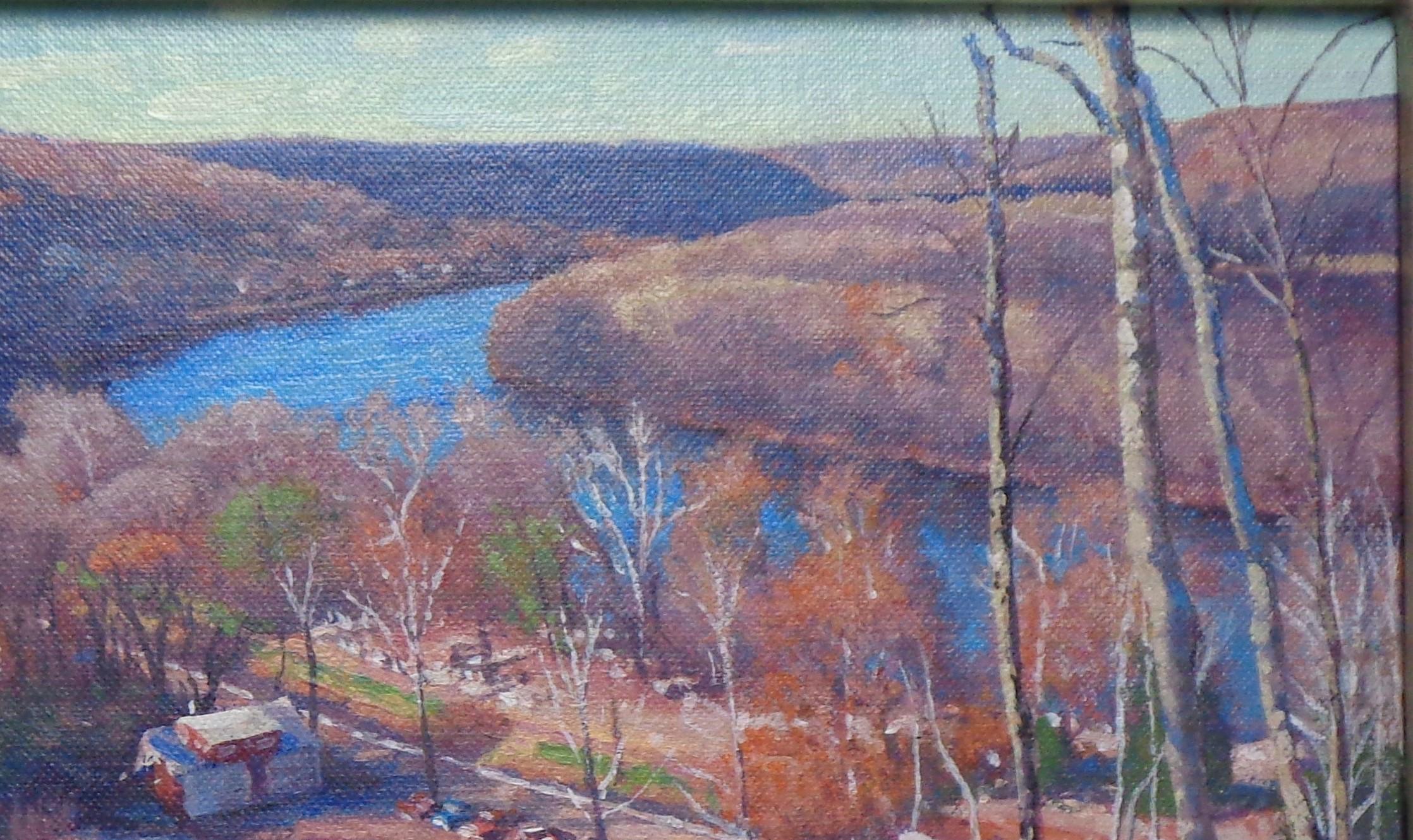 Paisaje impresionista Pintura al óleo Michael Budden Otoño Río Delaware en venta 5