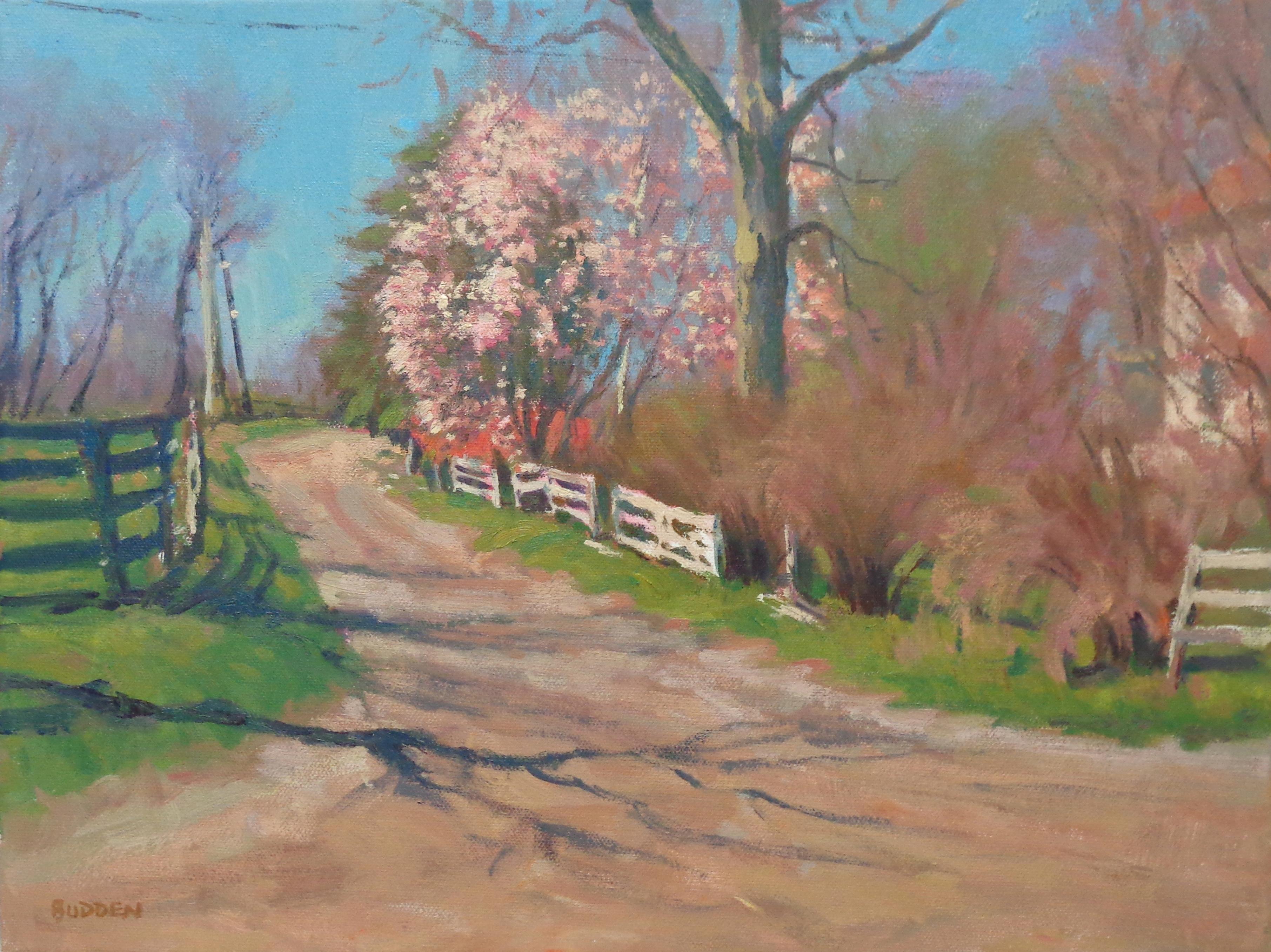 Pintura al óleo de paisajes impresionistas  Michael Budden Early Spring Granja Lane en venta 1