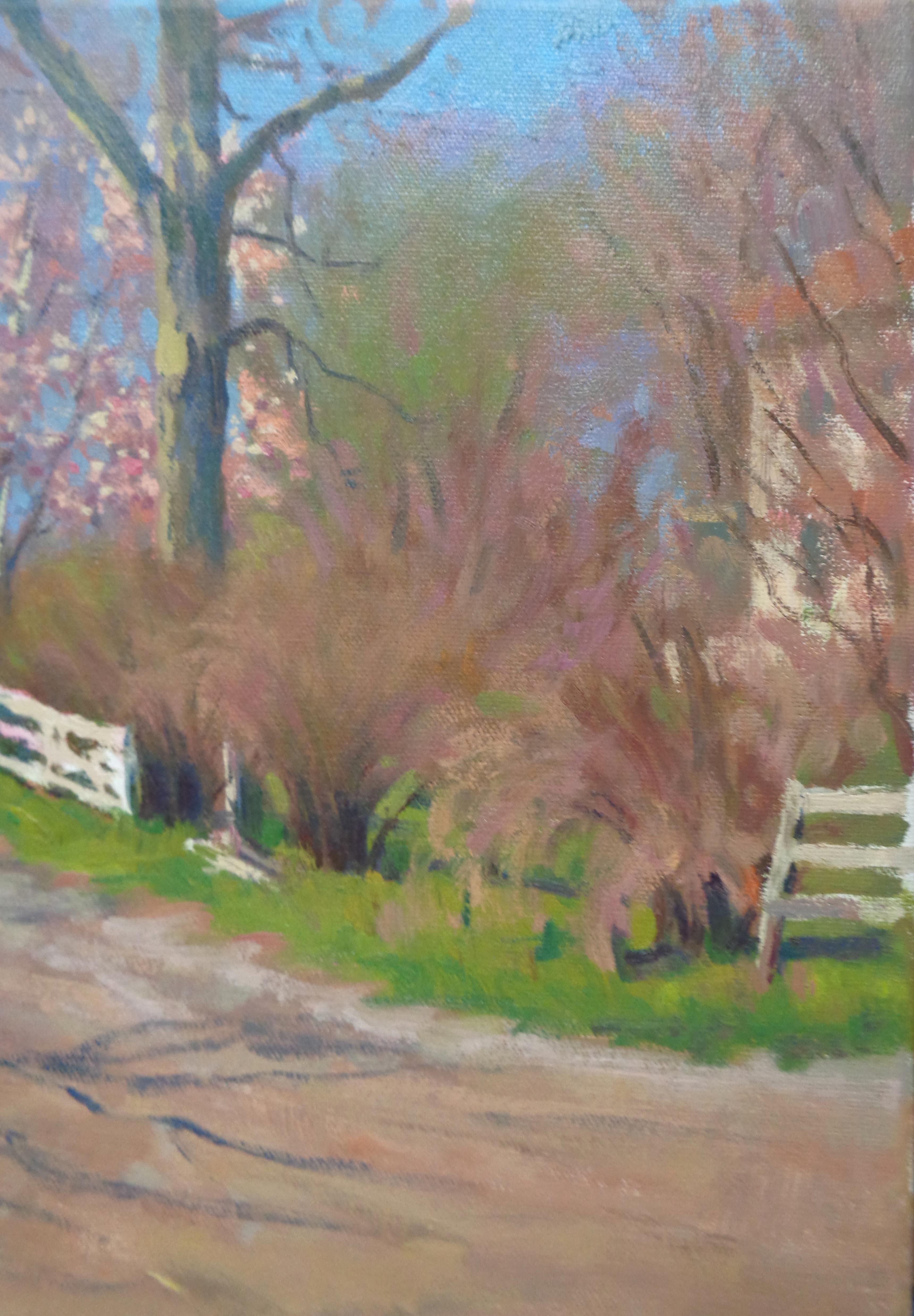 Pintura al óleo de paisajes impresionistas  Michael Budden Early Spring Granja Lane en venta 4
