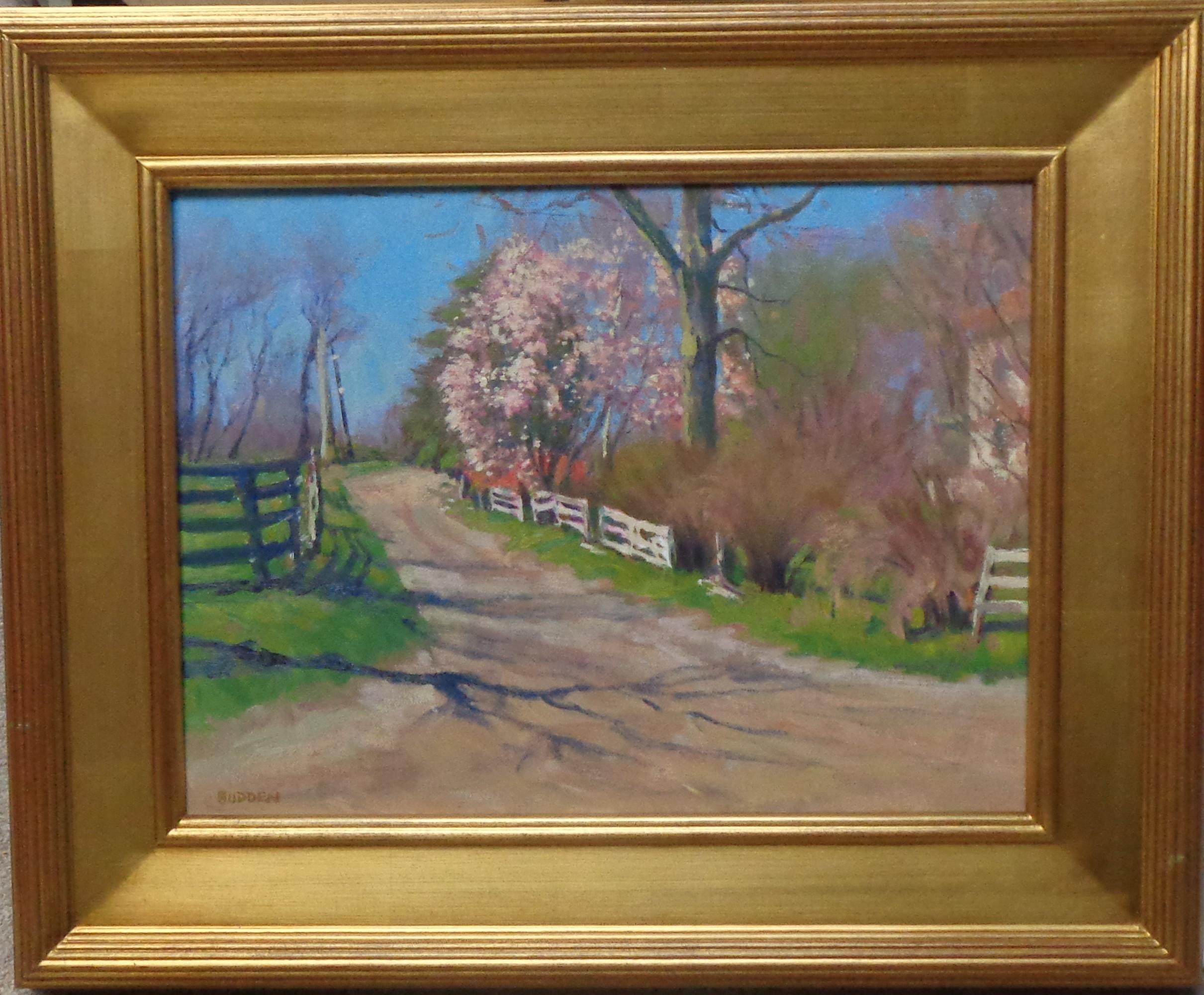 Farm Lane en primavera
óleo/lienzo
12 x 16 sin enmarcar, 17,5 x 21,5 enmarcada
Una pintura al óleo plein air sobre lienzo que muestra la hermosa luz de un día de principios de primavera con una vista de un árbol en flor a lo largo de un camino