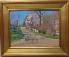 Pittura ad olio di un paesaggio impressionista  Michael Budden Early Spring Farm Lane's