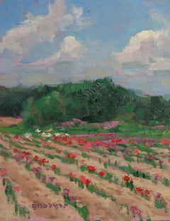 Impressionistische Landschaft, Ölgemälde, Michael Budden, frühe Frühlingsblumenfarm