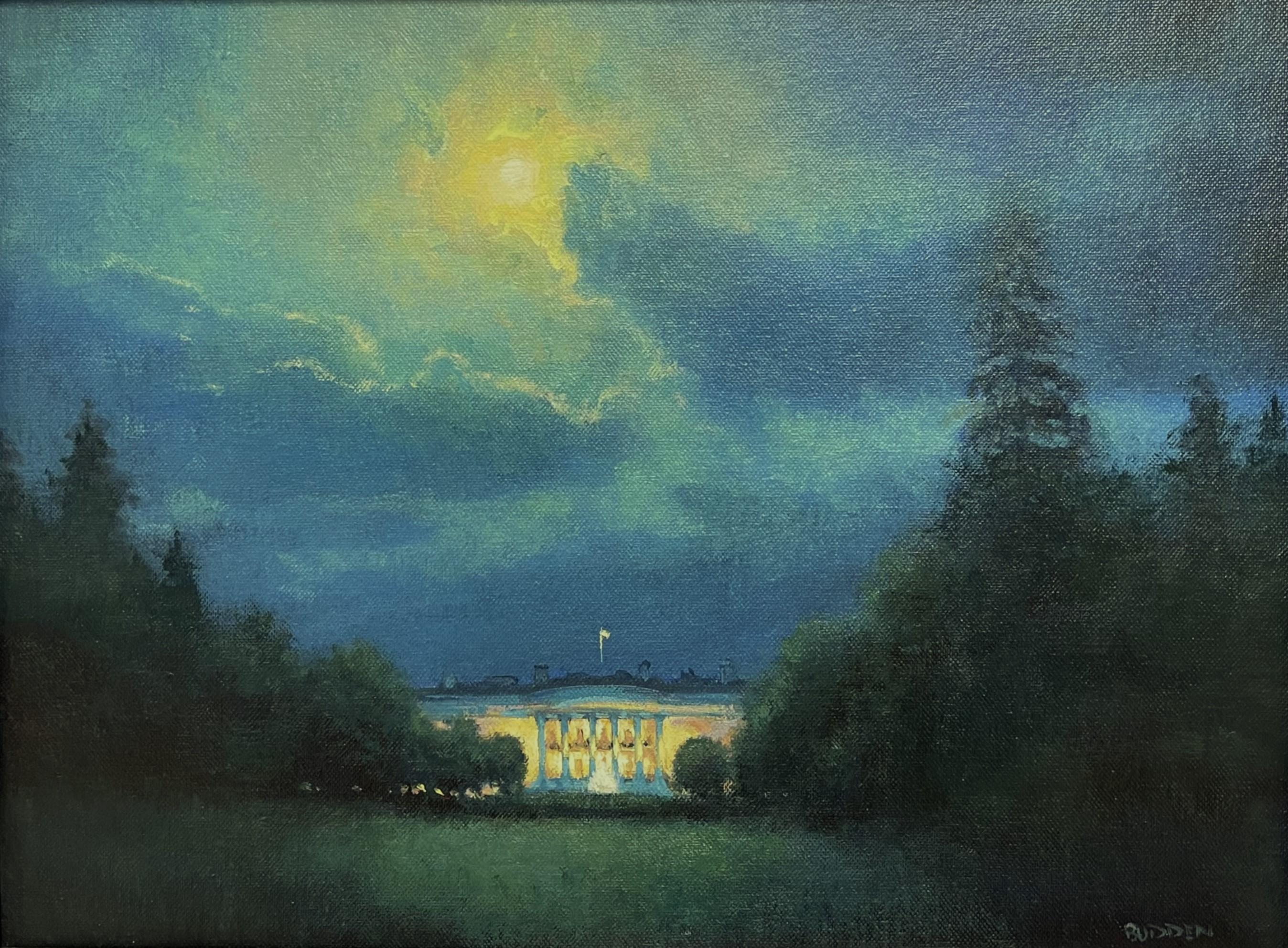 Paesaggio impressionistico dipinto ad olio Michael Budden Moonlight Casa Bianca in vendita 1