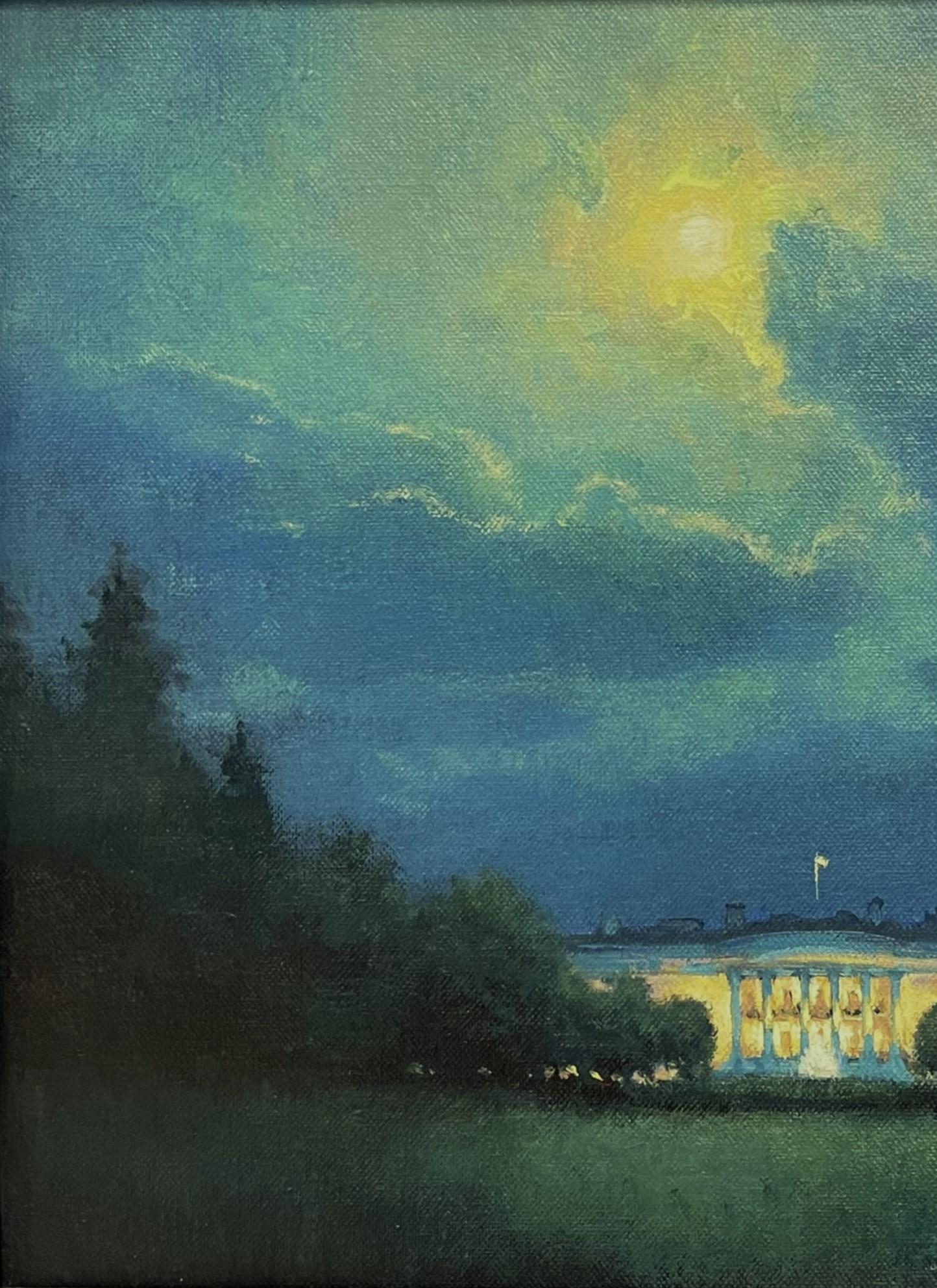 Paesaggio impressionistico dipinto ad olio Michael Budden Moonlight Casa Bianca in vendita 2