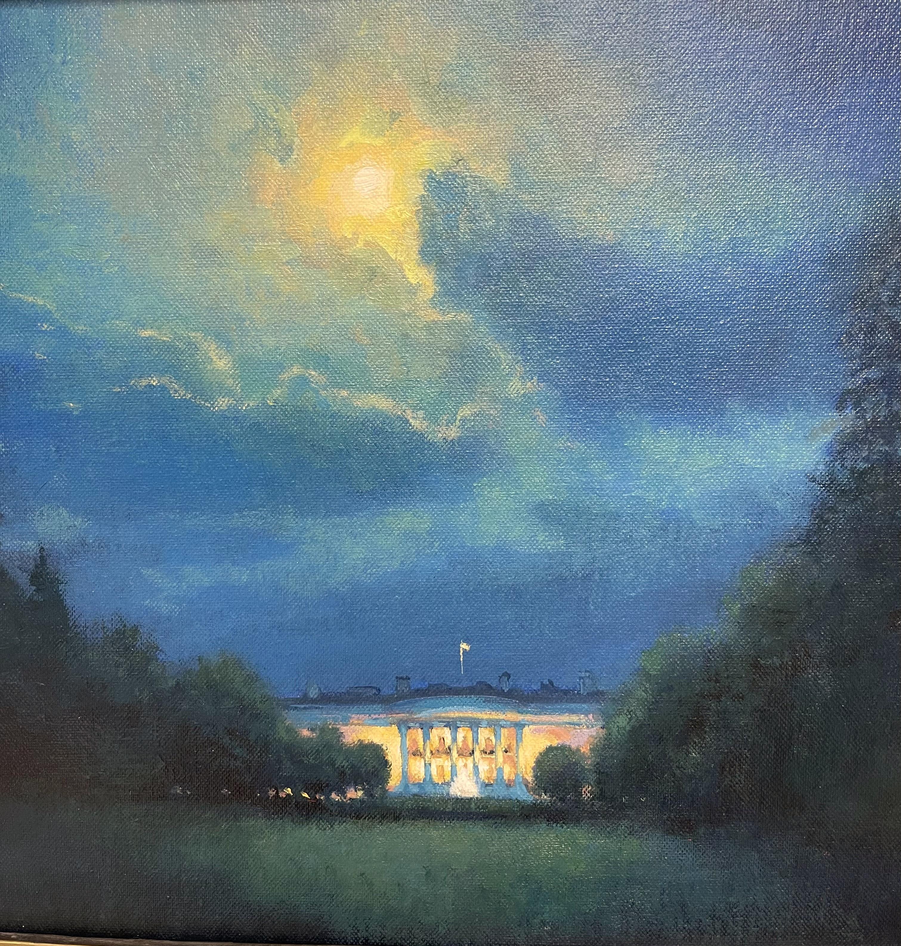 Paesaggio impressionistico dipinto ad olio Michael Budden Moonlight Casa Bianca in vendita 3