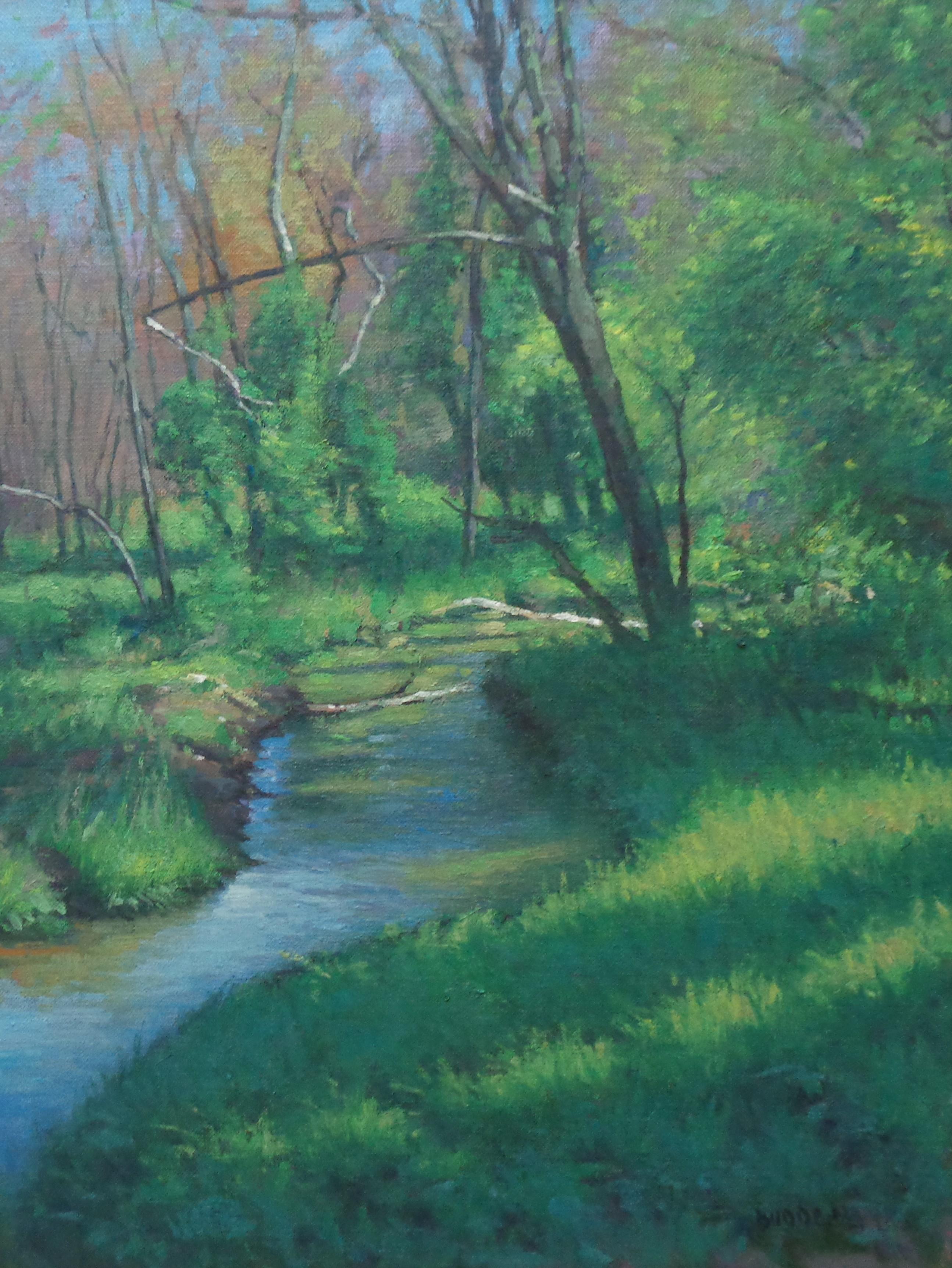  Impressionistic Landscape Oil Painting Michael Budden Spring Stream For Sale 1