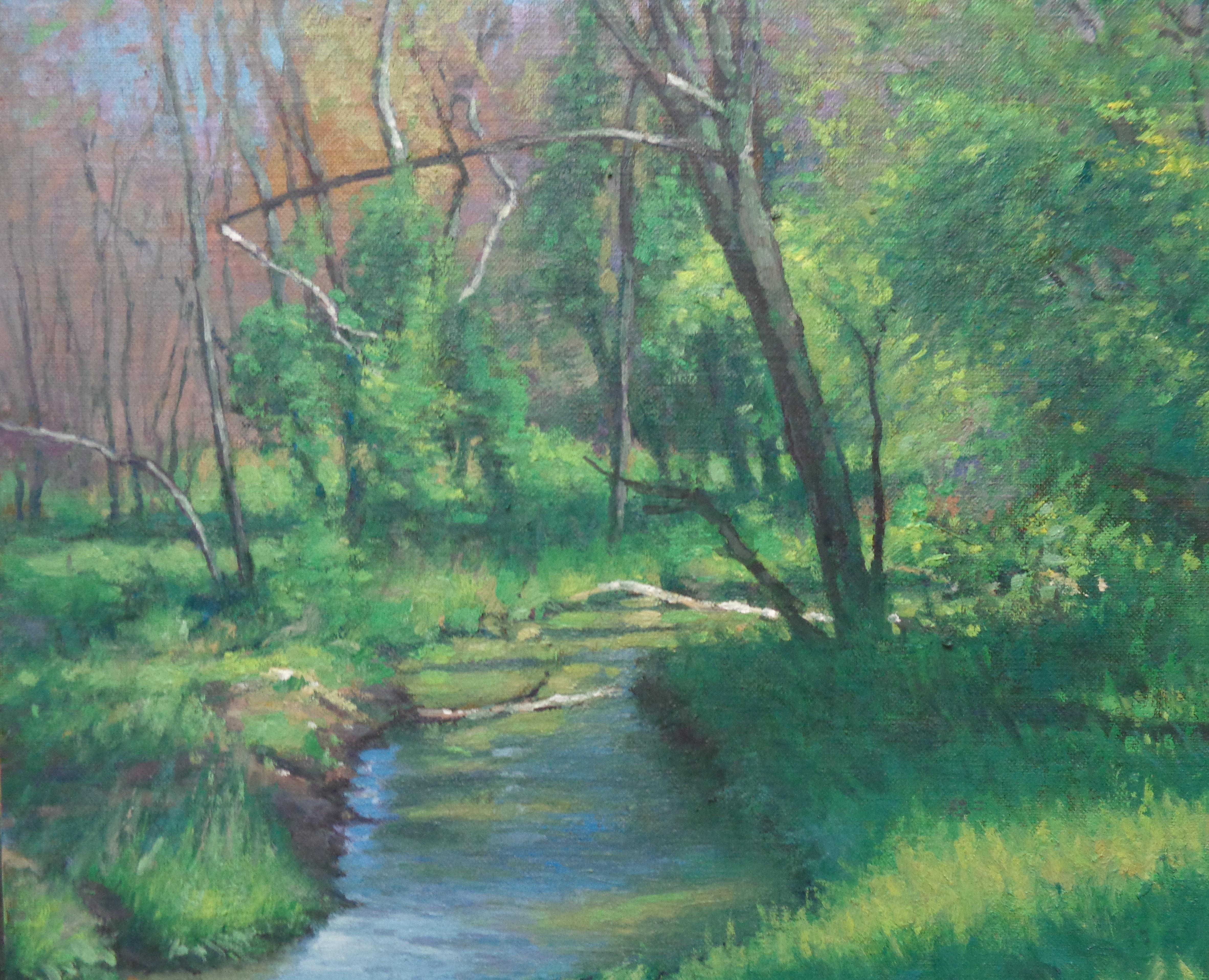  Impressionistic Landscape Oil Painting Michael Budden Spring Stream For Sale 3