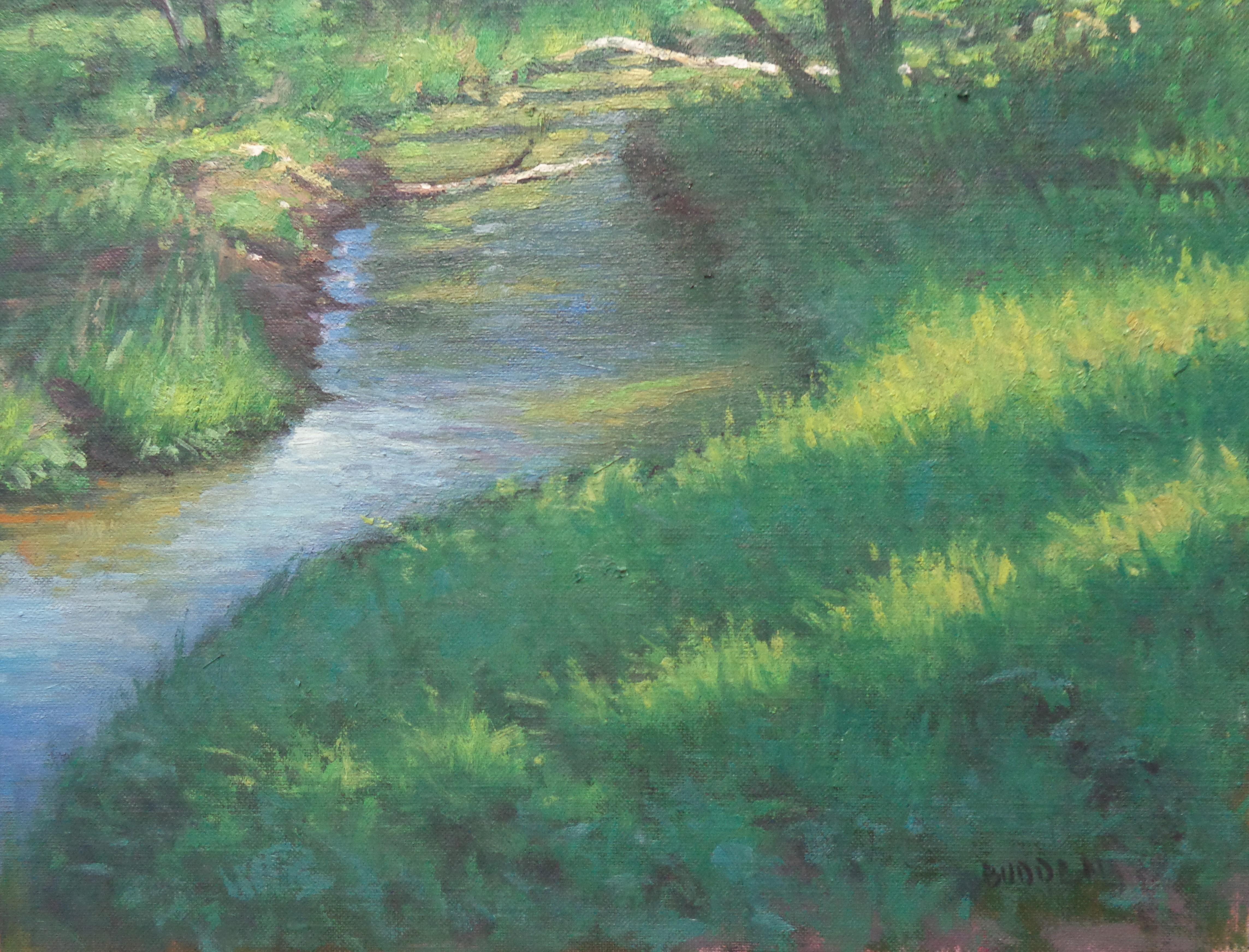  Impressionistic Landscape Oil Painting Michael Budden Spring Stream For Sale 4