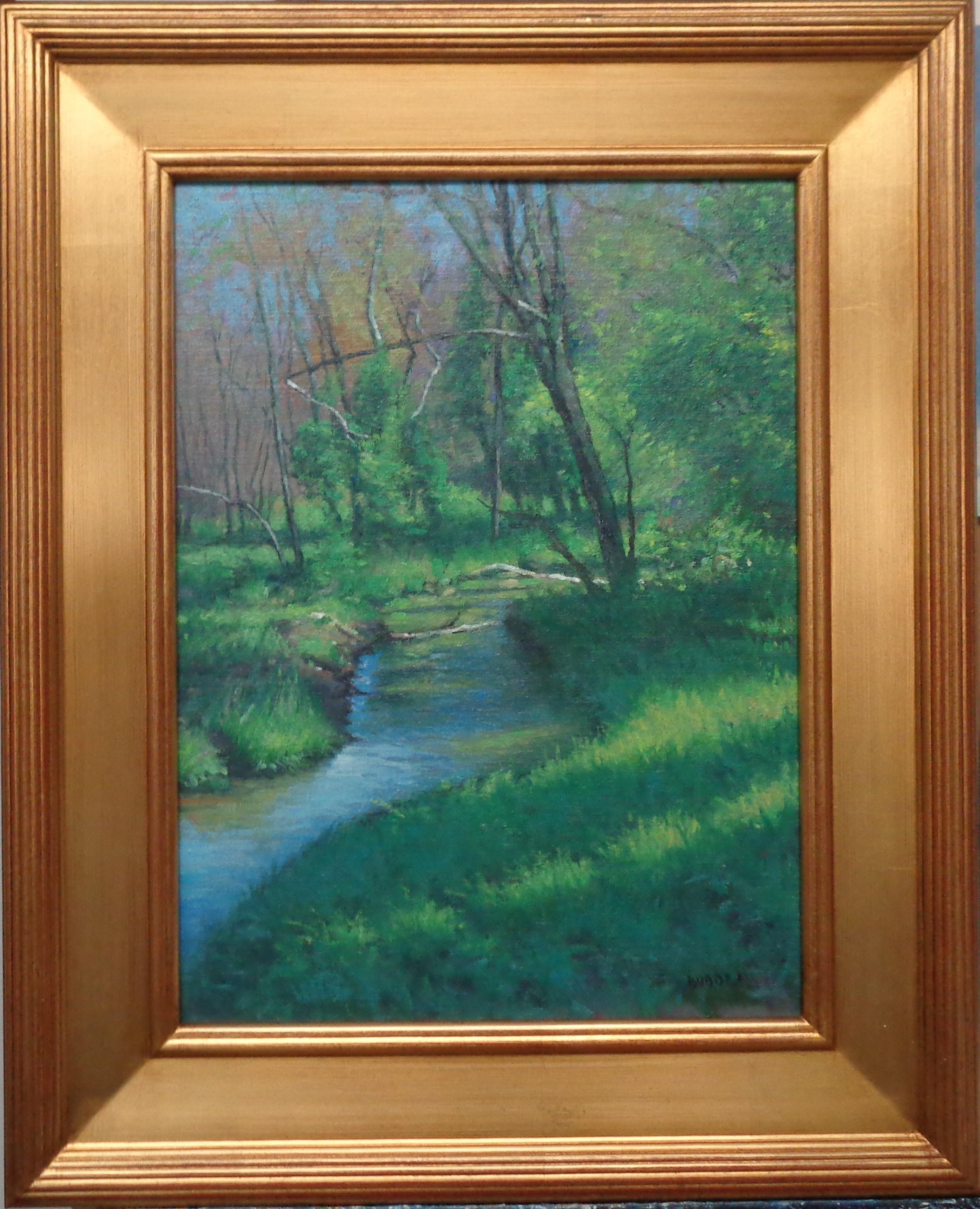 An oil painting on canvas panel that showcases the beautiful light shinning on a Springtime Stream.  Painted on location near the artist studio and finished in the studio. The painting unframed measures 16 x 12 and 21.50 x 17.50 framed.
I was