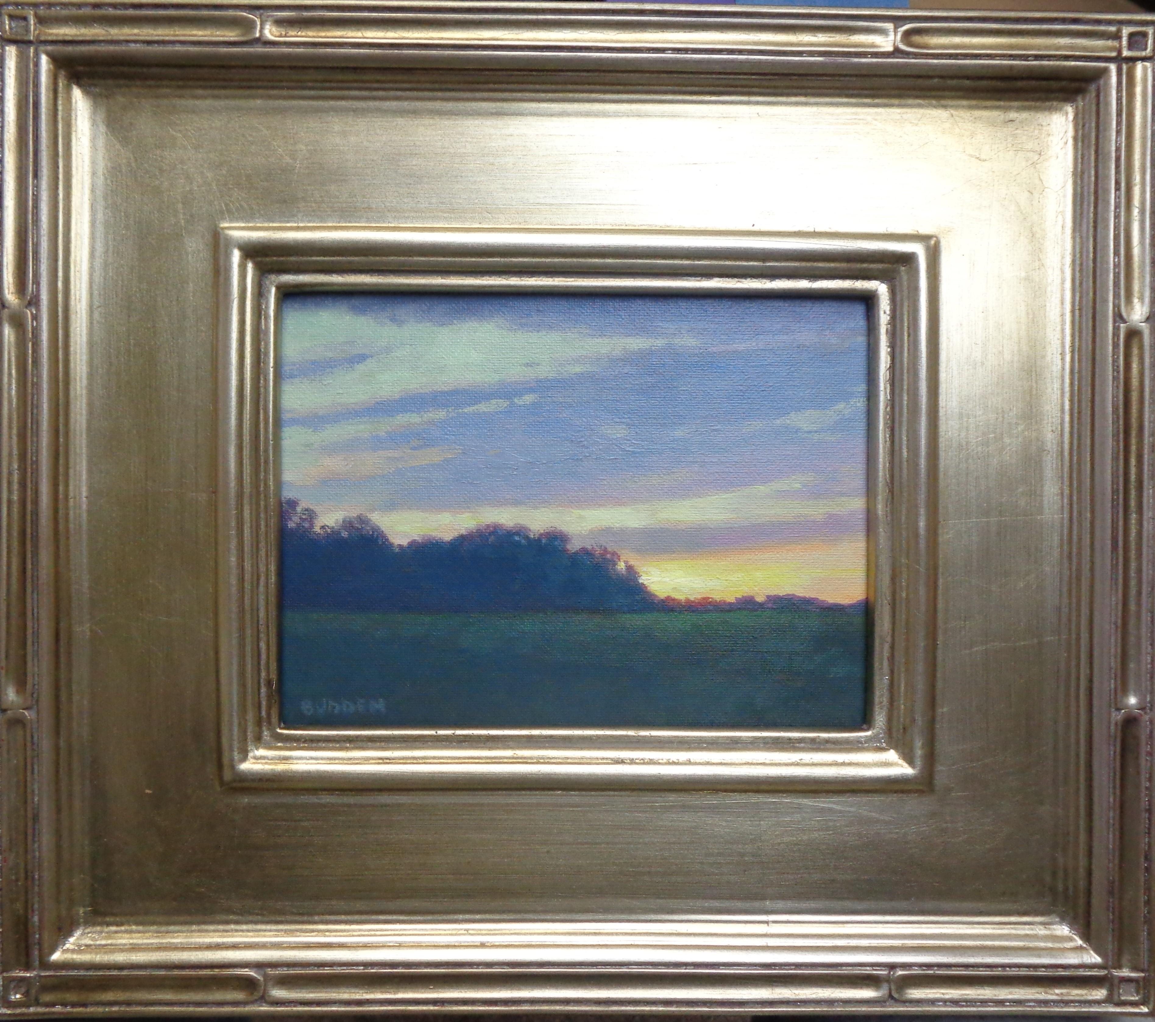 
Resplandor del atardecer, Serie Cielos Bellos
óleo/panel 6 x 8 imagen sin enmarcar, 12,38 x 14,38 enmarcada
Early Evening Glow es un cuadro de estudio de la serie Beautiful Skies, del galardonado artista contemporáneo Michael Budden, que muestra un