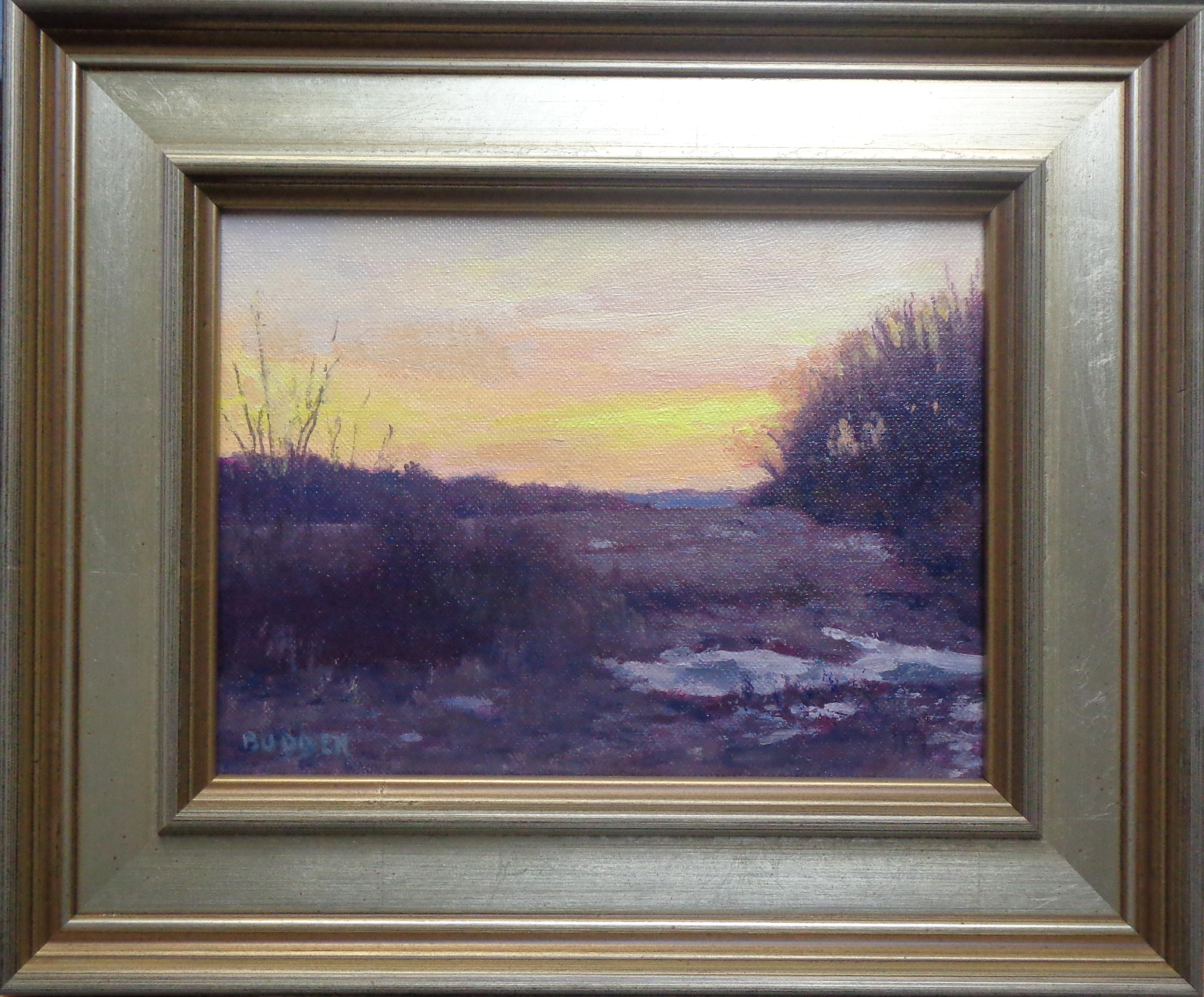 Morning Light, Beautiful Skies Series
oil/panel 6x8 image unframed, 9.75 x 11.63 x .75 framed
signed LL
Morning Light is an oil painting on canvas panel by award winning contemporary artist Michael Budden that showcases a beautiful rural landscape