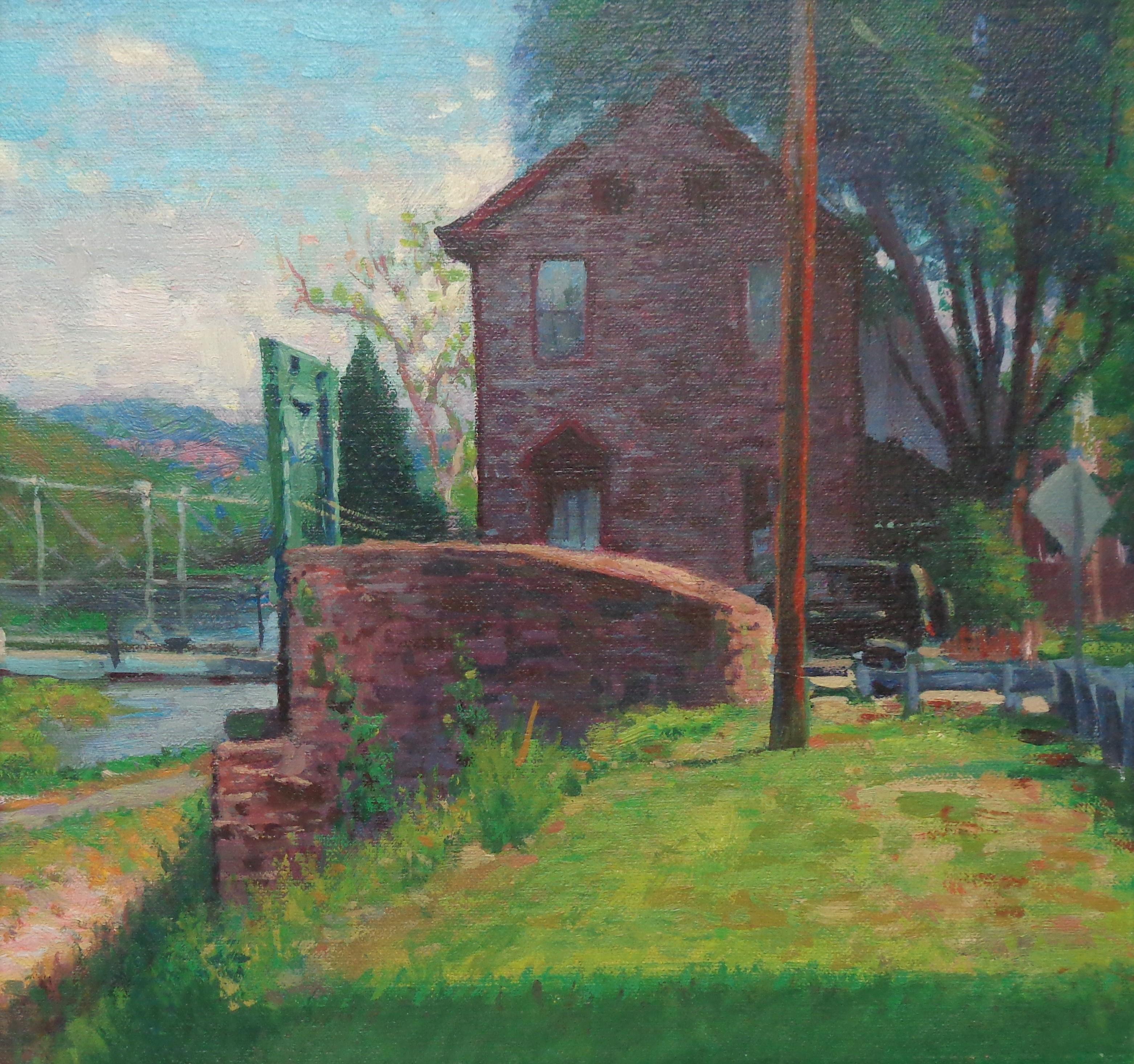 Pintura Impresionista de Paisaje Michael Budden Lumberville Bridge Bucks Co en venta 2
