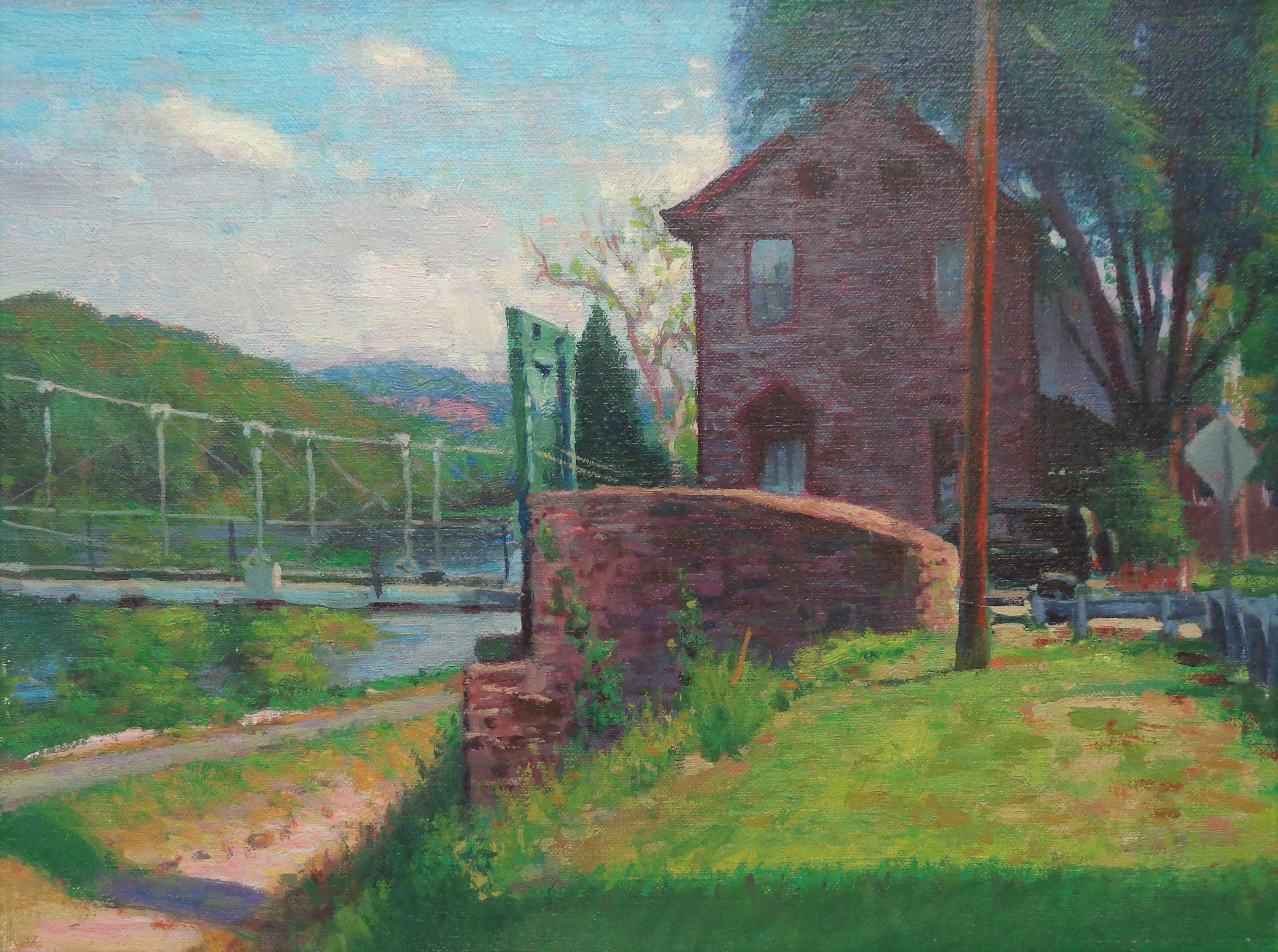 Lumberville Pedestrian Bridge is an impressionistic landscape plein air oil painting that I did on location in Bucks County in 2010 and has been in my collection since. The painting is on a canvas panel and exudes the rich qualities of oil paint