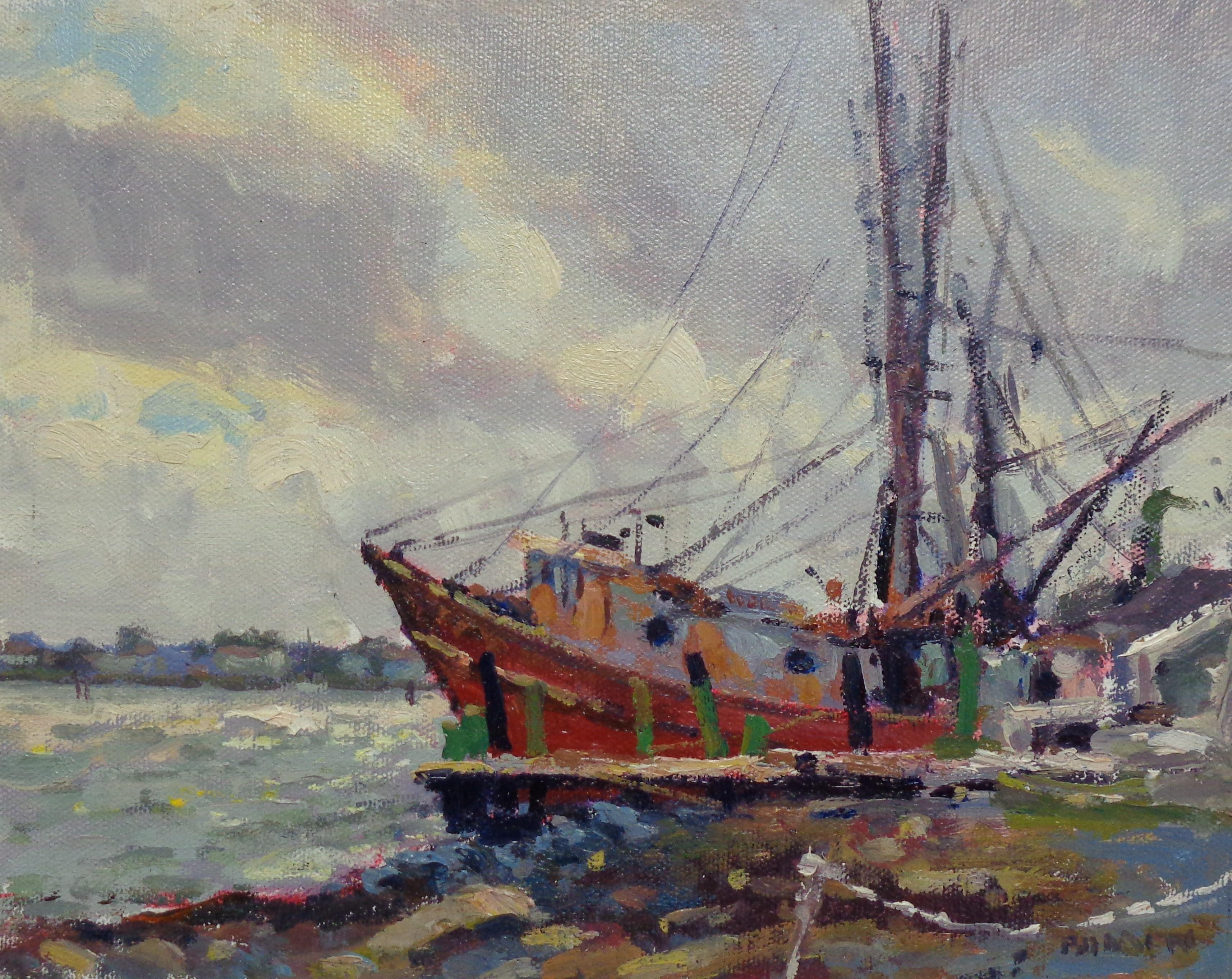 Paisaje impresionista Paisaje marino Pintura de barcos Michael Budden Cape May NJ en venta 1