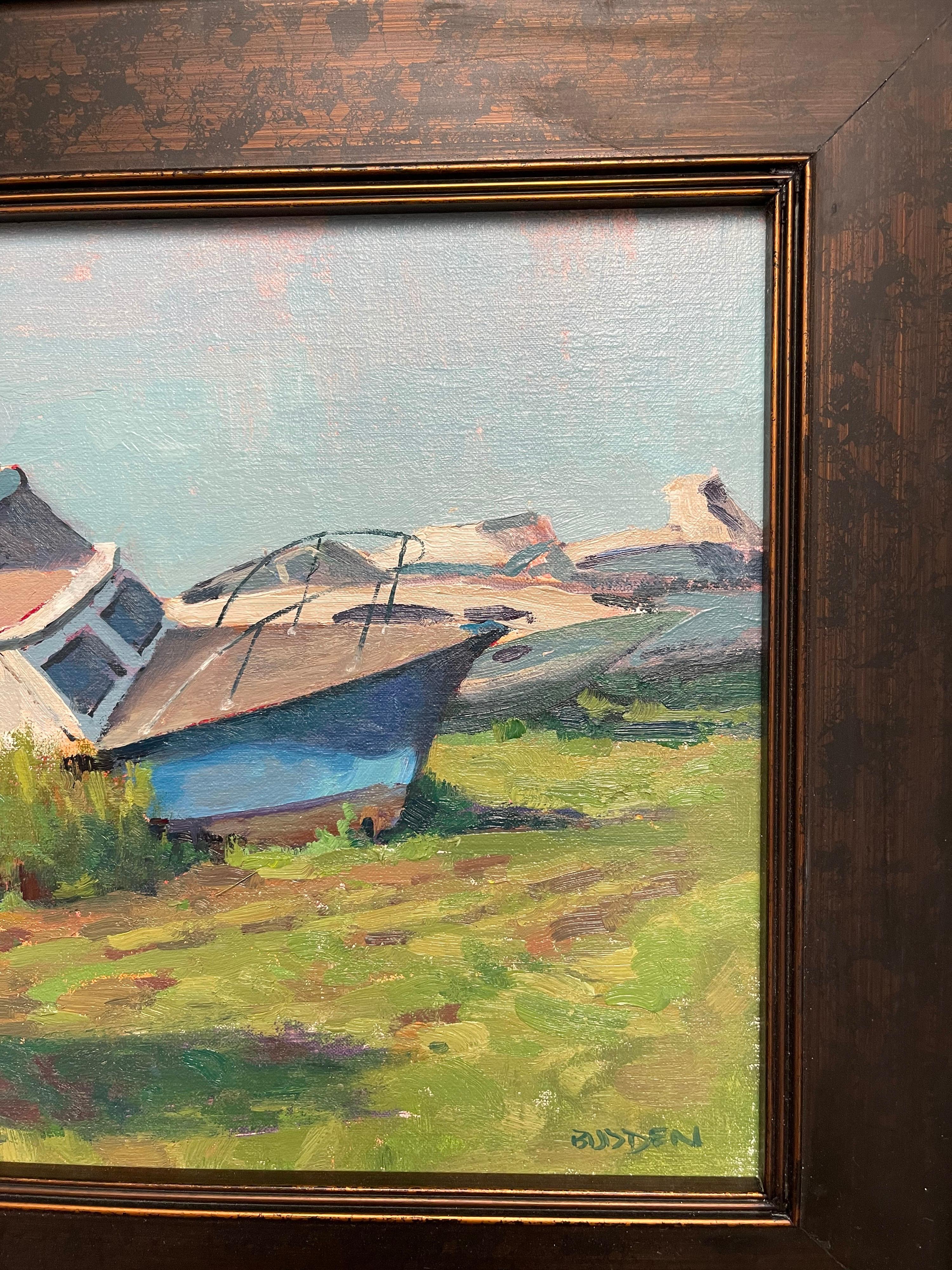 Impressionistic Landscape Seascape Boat Painting Michael Budden On Its Side For Sale 1