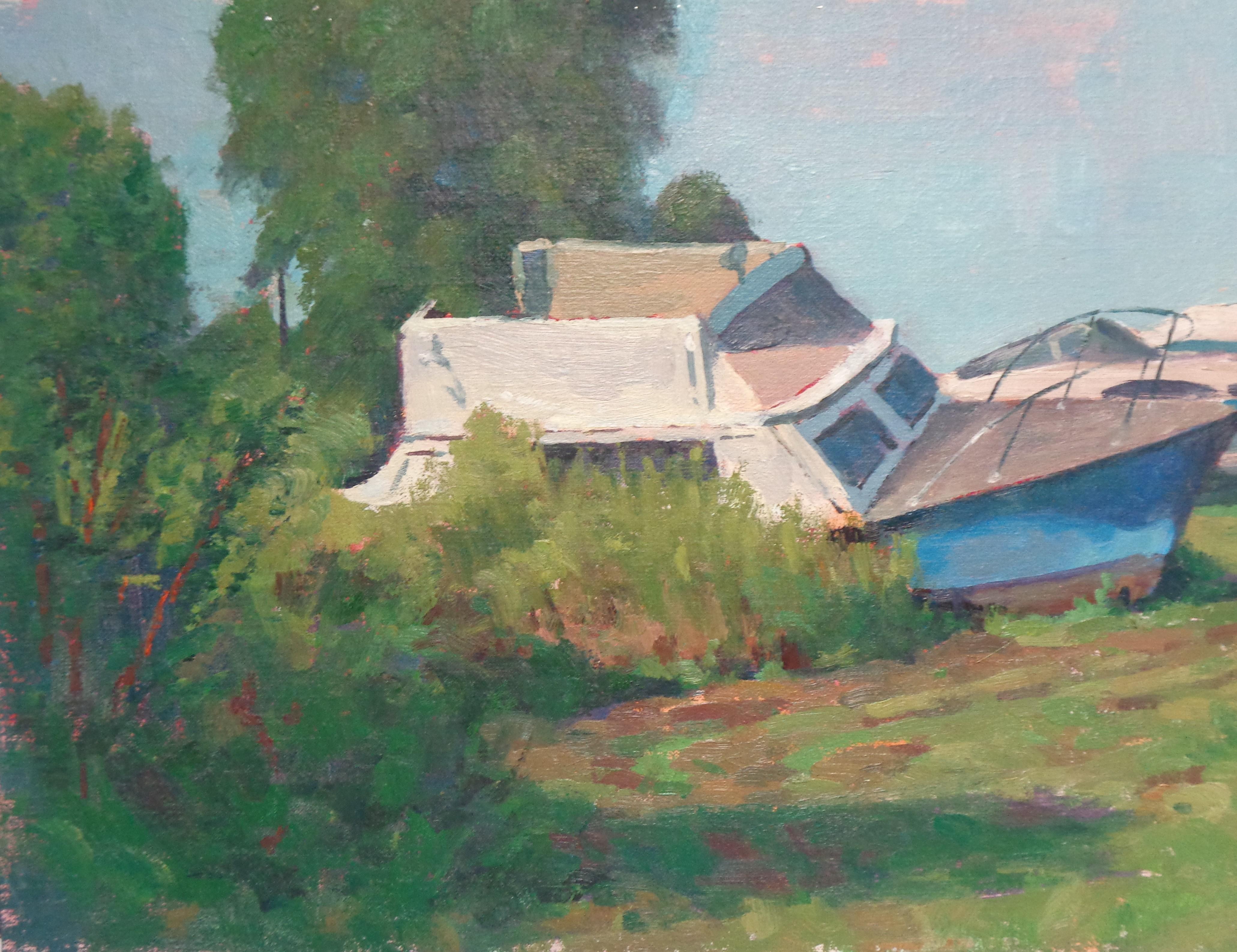 Impressionistic Landscape Seascape Boat Painting Michael Budden On Its Side im Angebot 1