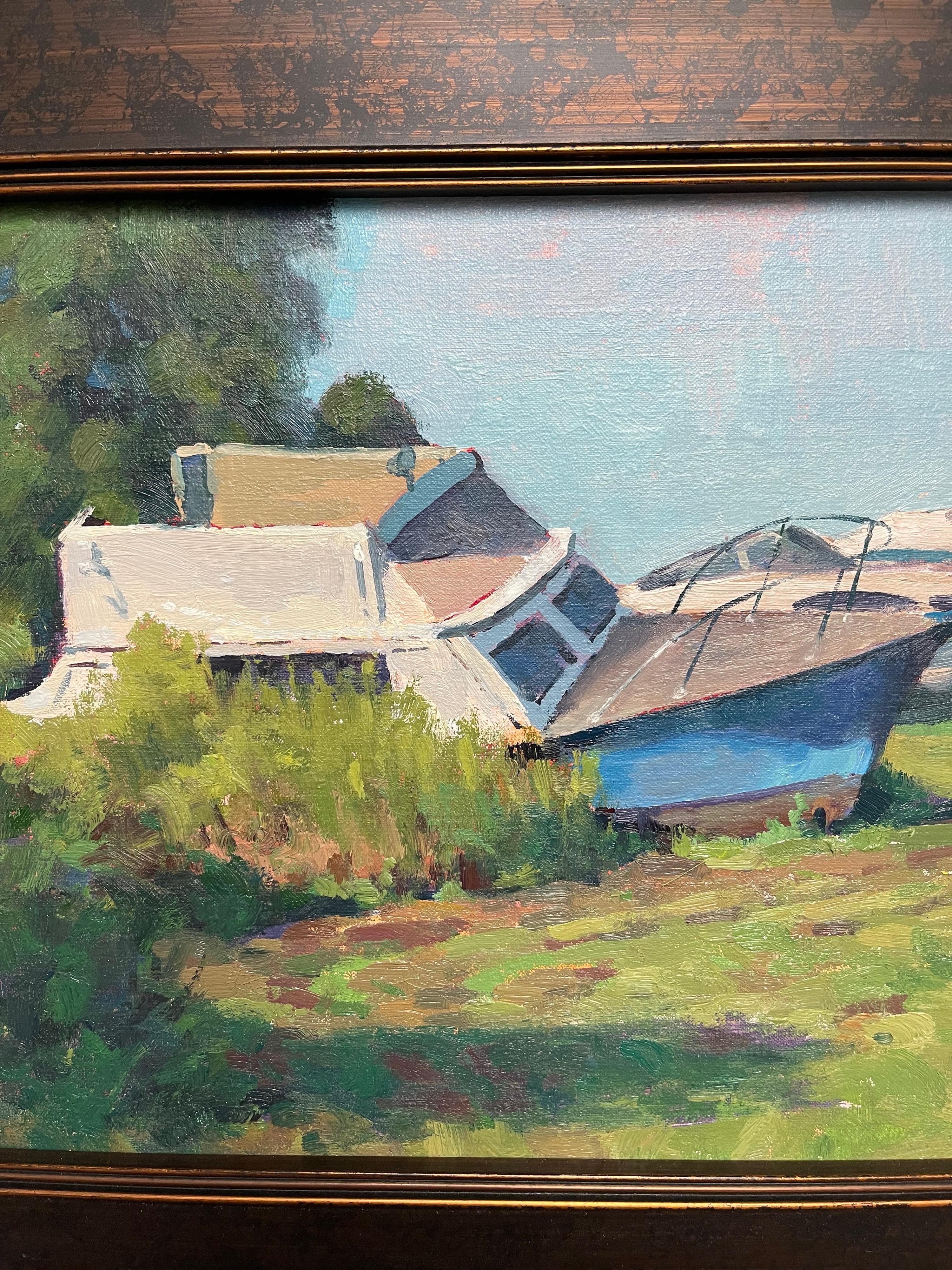 Impressionistic Landscape Seascape Boat Painting Michael Budden On Its Side For Sale 2