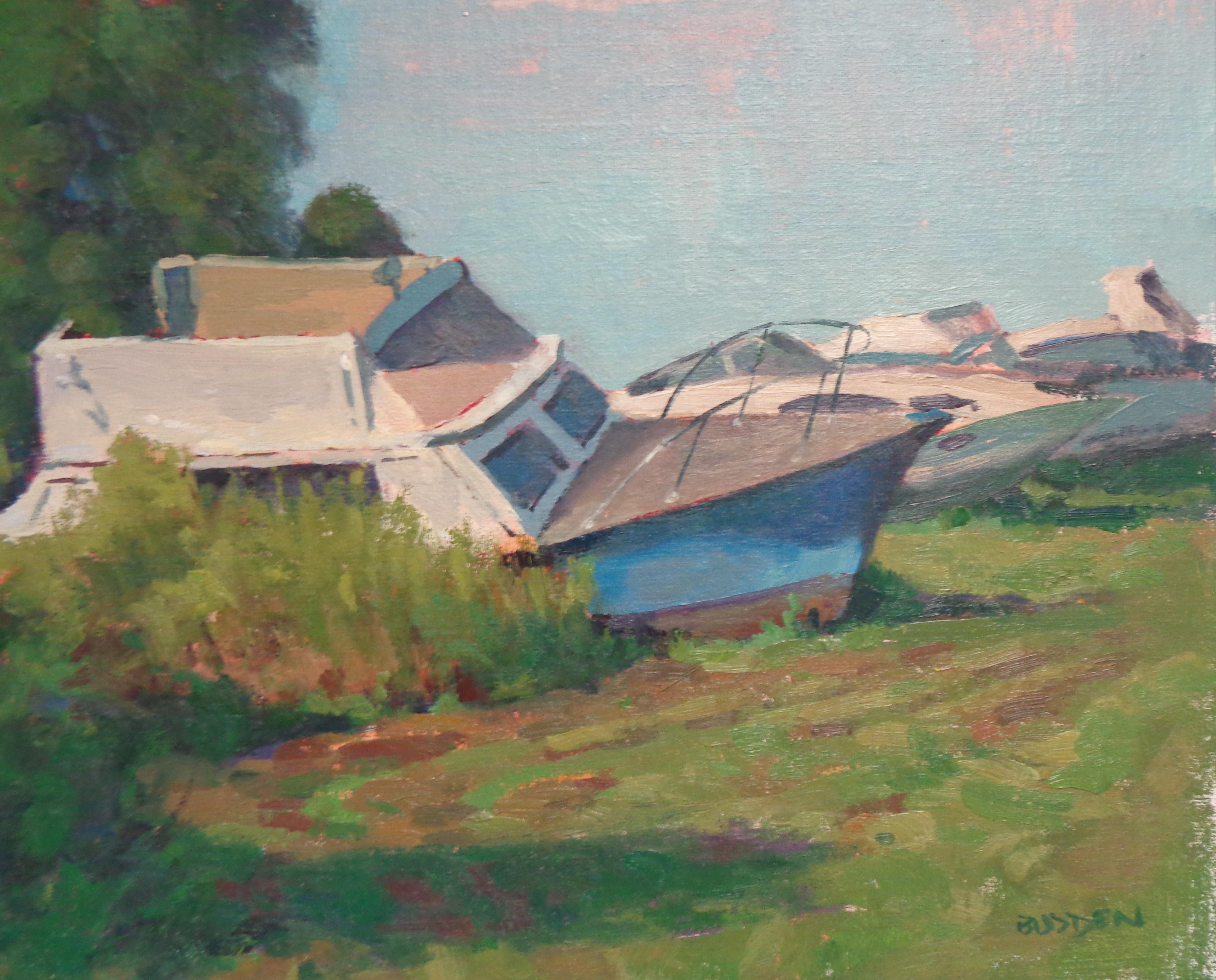 Paesaggio impressionistico Paesaggio marino Barca dipinto Michael Budden sul fianco in vendita 2