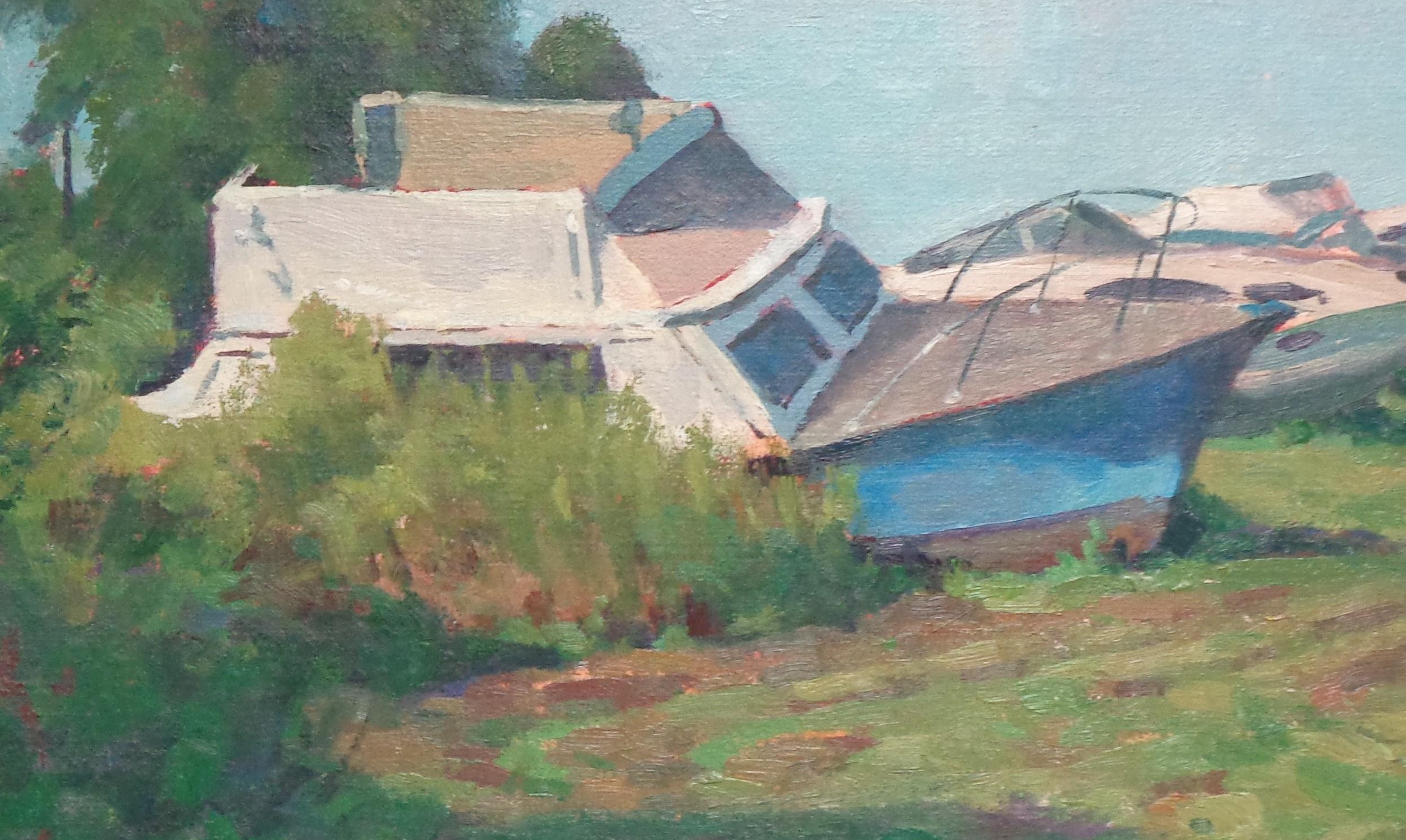 Paesaggio impressionistico Paesaggio marino Barca dipinto Michael Budden sul fianco in vendita 3
