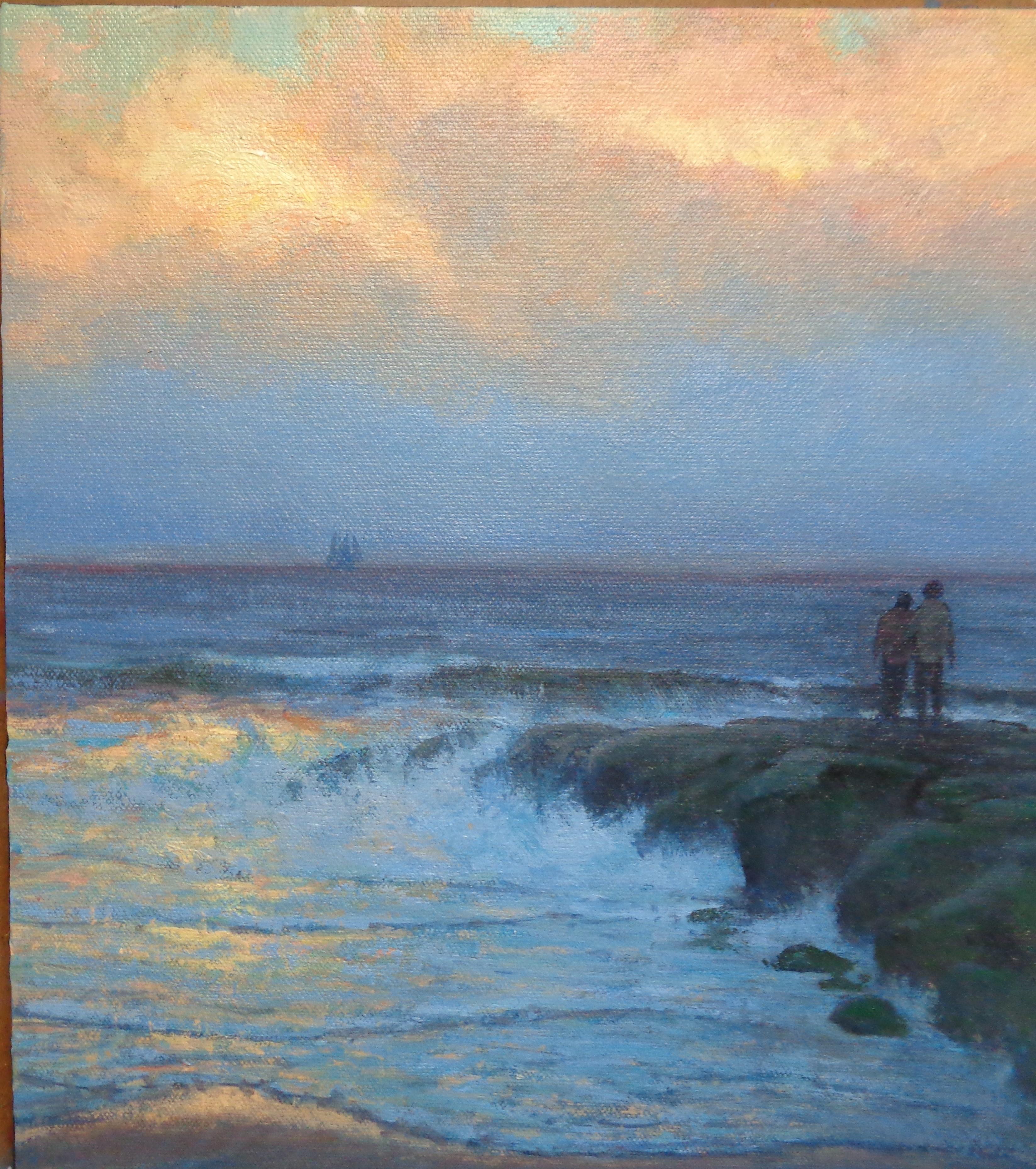Pittura a olio impressionistica di Michael Budden Paesaggio marino in tarda luce in vendita 2