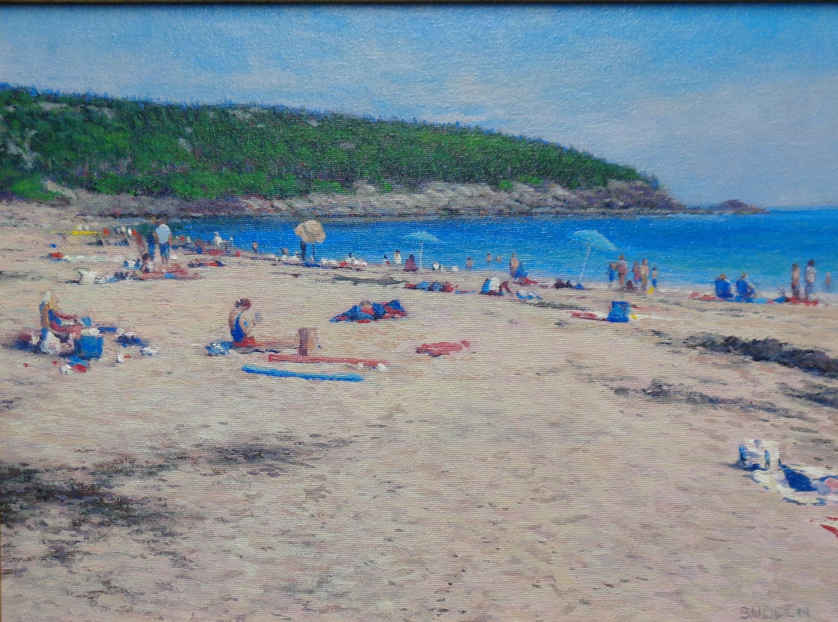 Pintura al óleo impresionista de paisajes marinos de Maine Michael Budden Playa de arena Acadia en venta 1