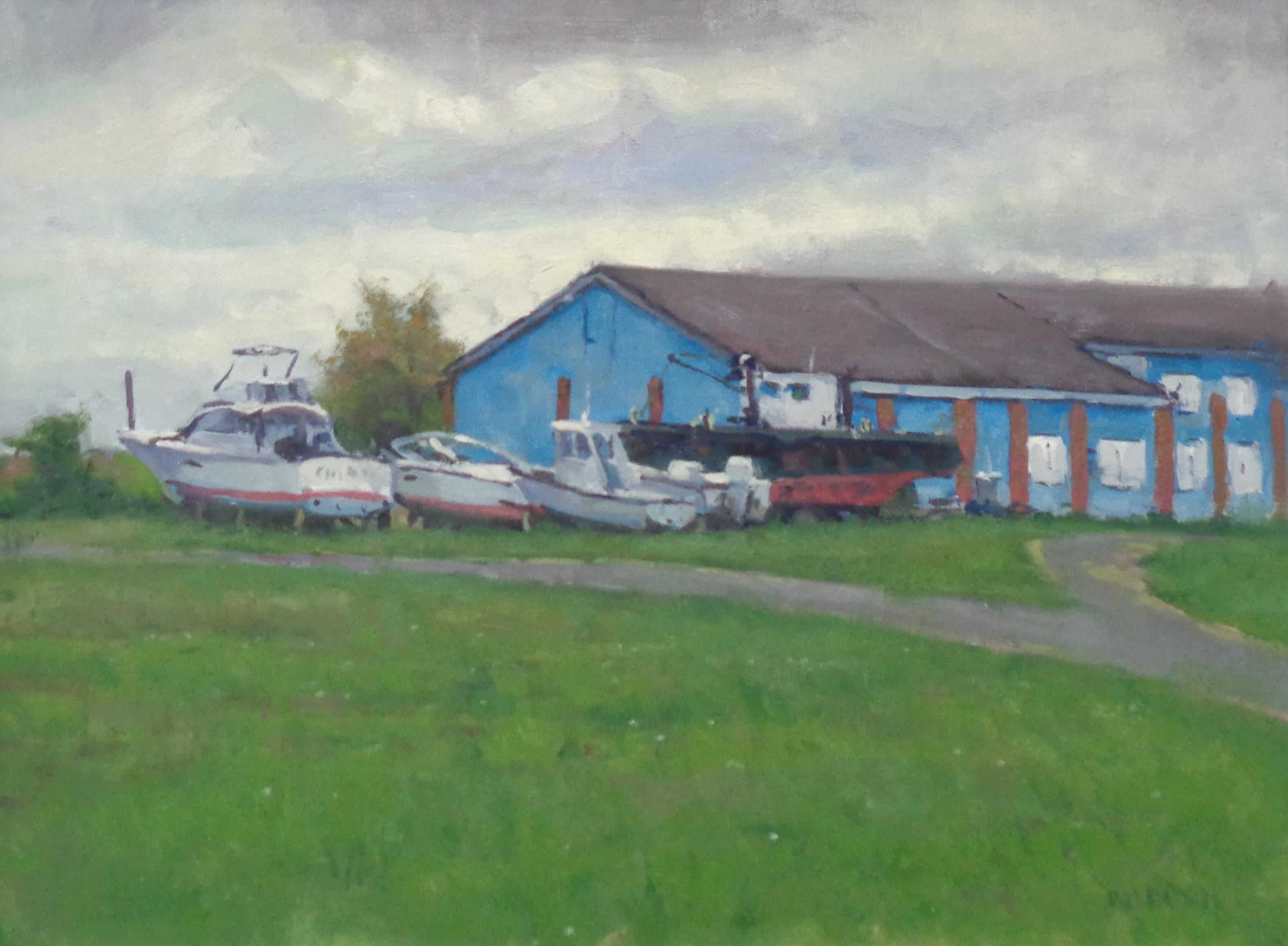A plein air oil painting on canvas by award winning contemporary artist Michael Budden that showcases a study of boats resting at the end of the season. Painted near Hancock Harbor in Greenwich NJ.
 The image measures 18 x 24 unframed 24 1/4 x 30