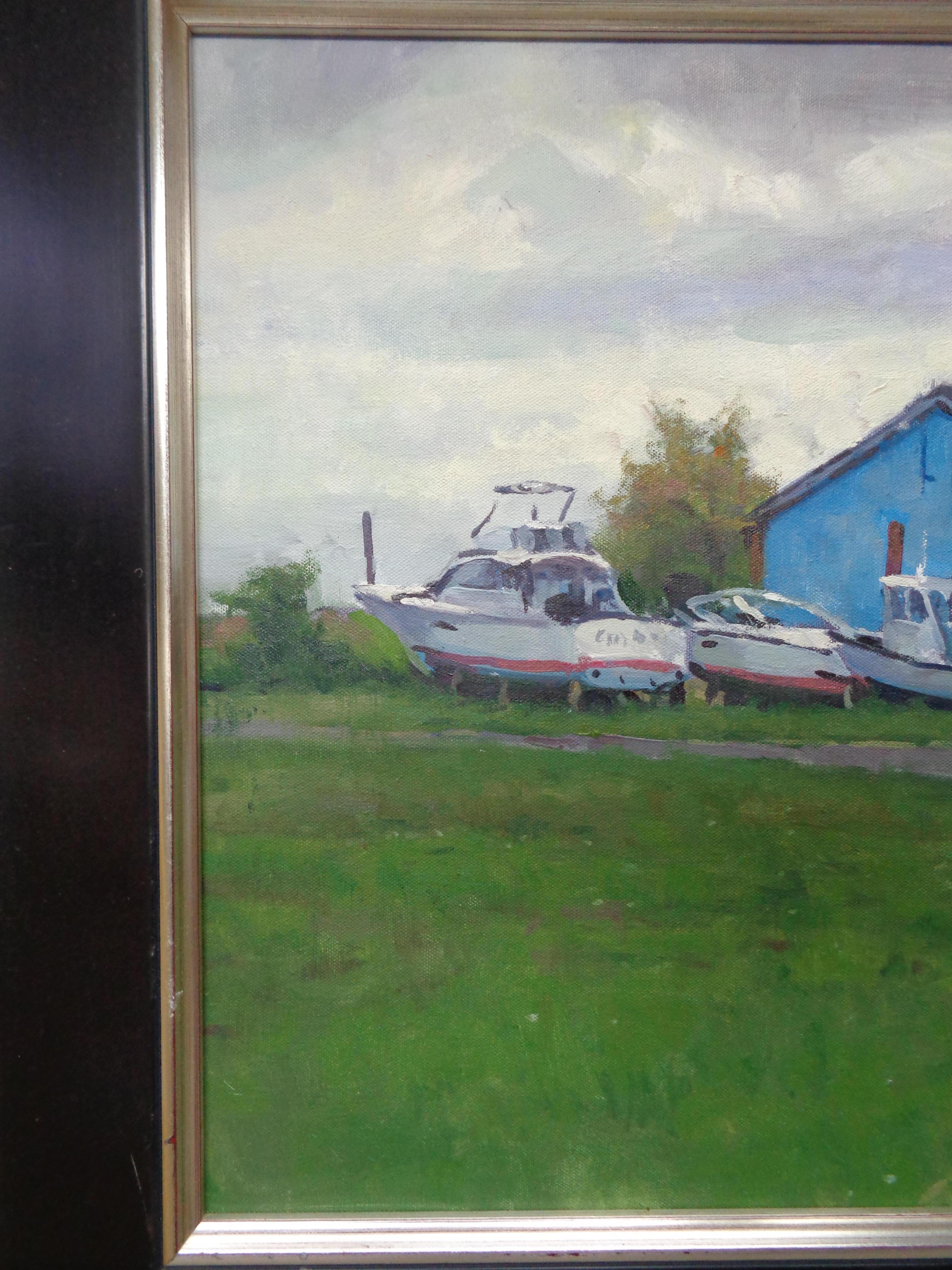 Pittura a olio marina impressionistica Michael Budden Barche a riposo in vendita 2
