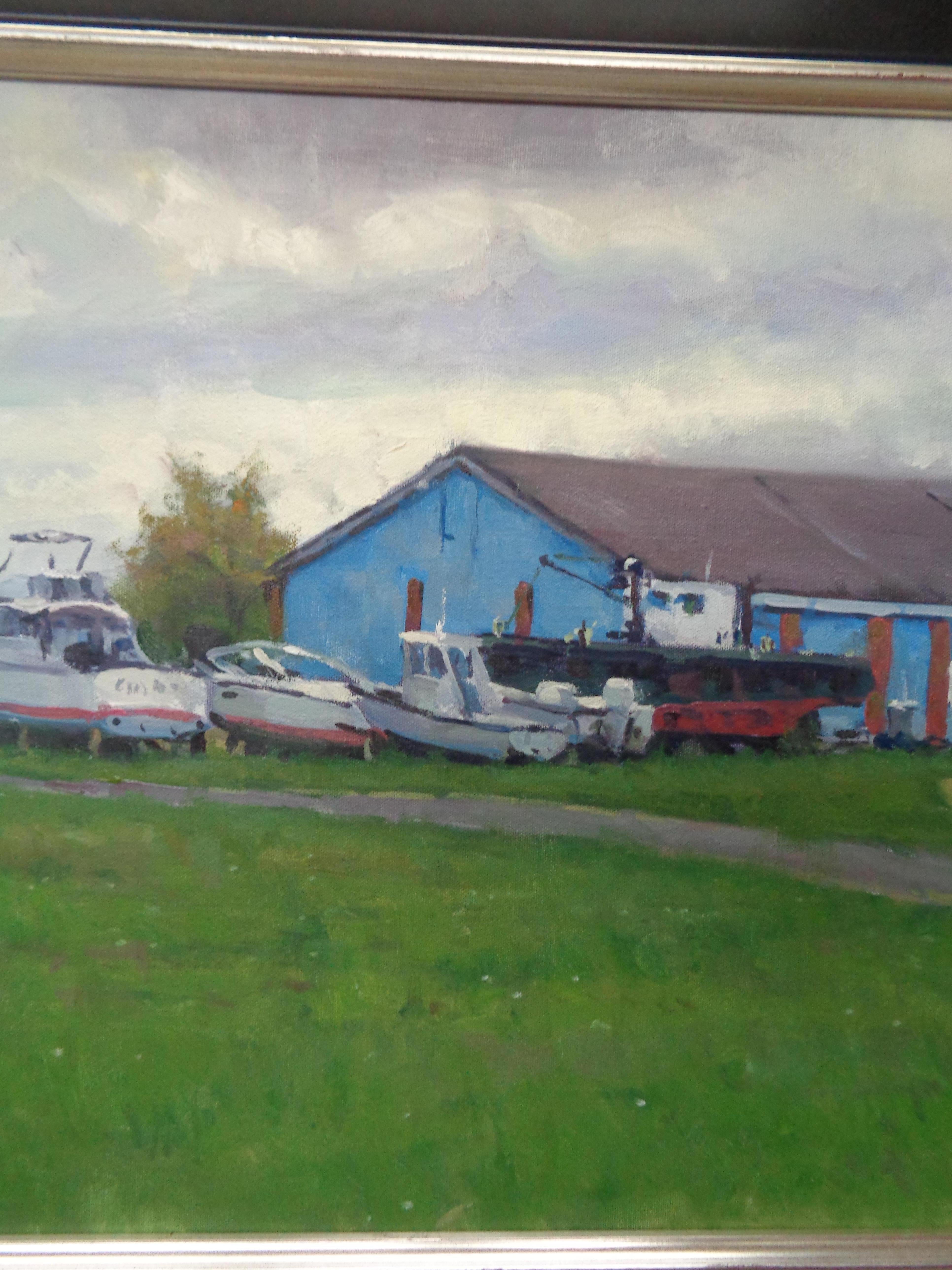 Pittura a olio marina impressionistica Michael Budden Barche a riposo in vendita 3
