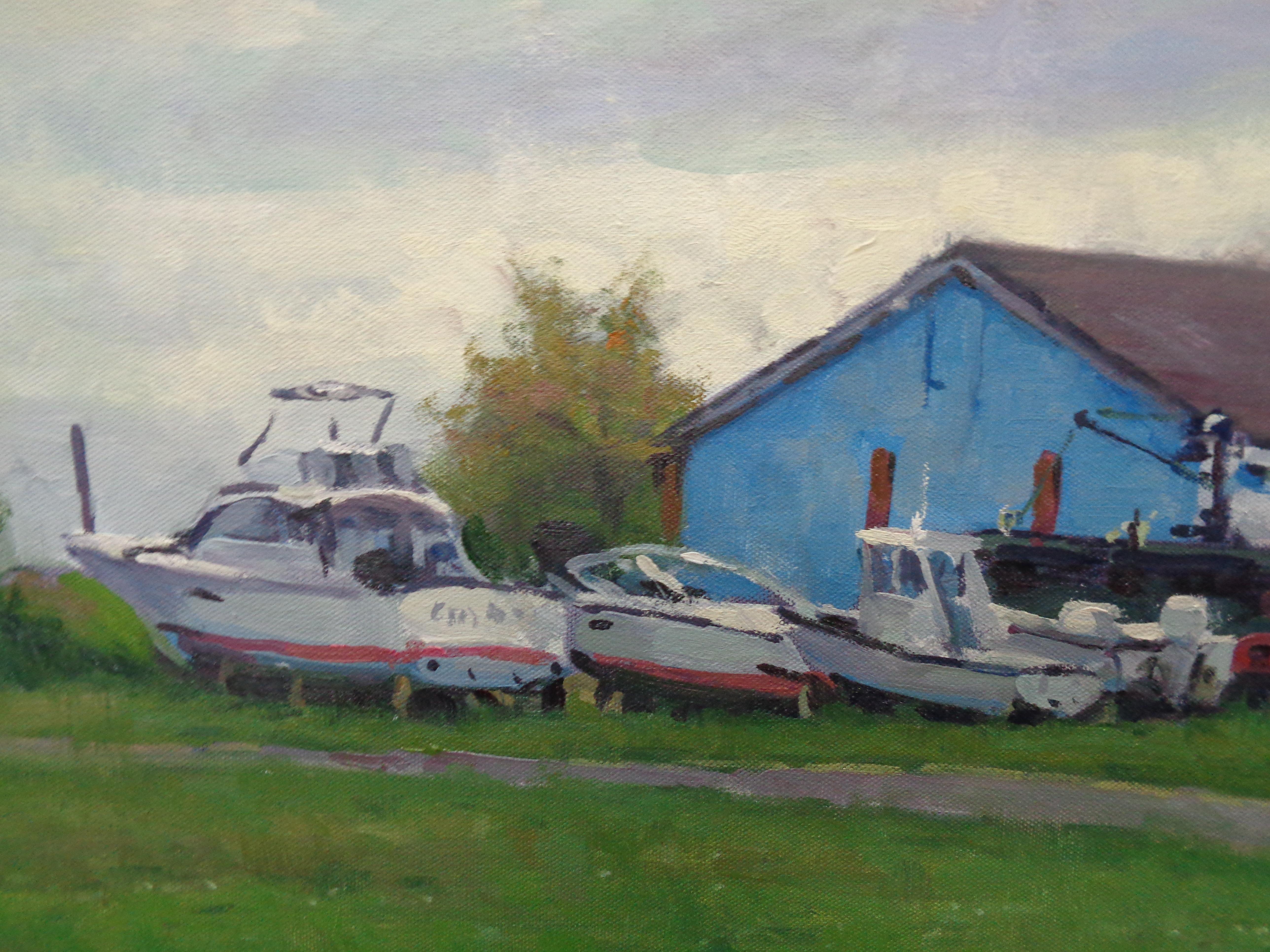 Pittura a olio marina impressionistica Michael Budden Barche a riposo in vendita 5