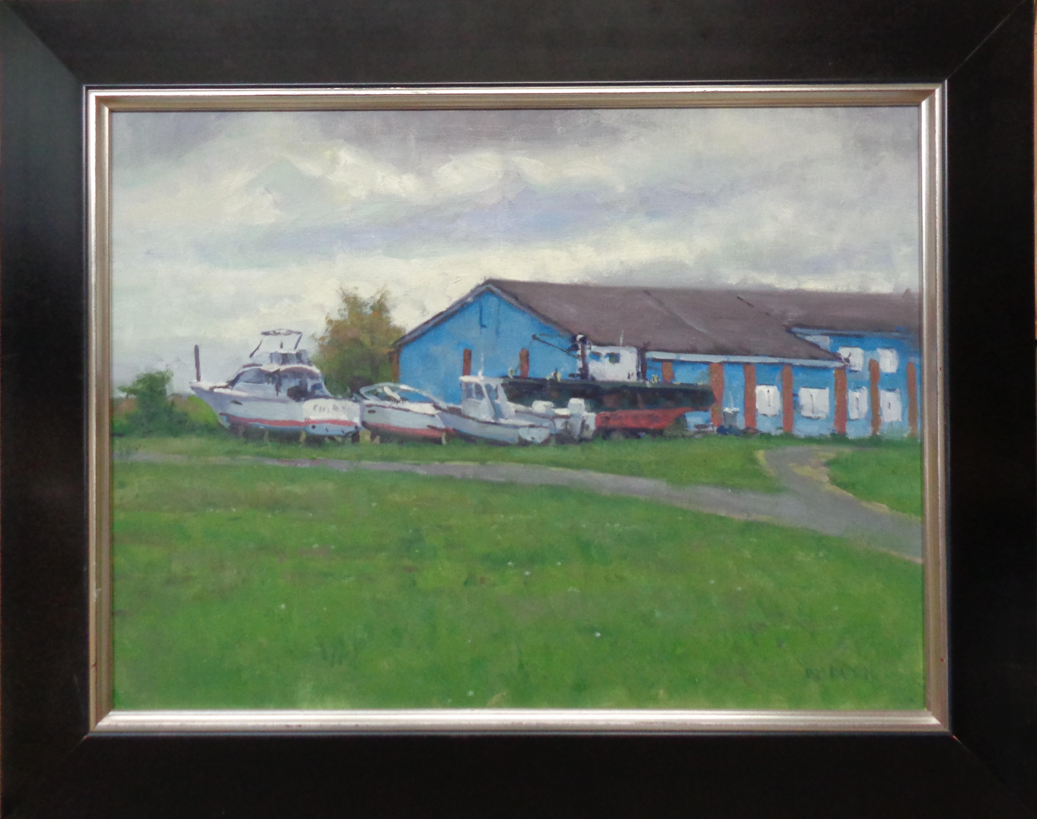 Un dipinto a olio plein air su tela del pluripremiato artista contemporaneo Michael Budden che mostra uno studio di barche che si riposano alla fine della stagione. Dipinto vicino al porto di Hancocks a Greenwich NJ.
 L'immagine misura 18 x 24 senza