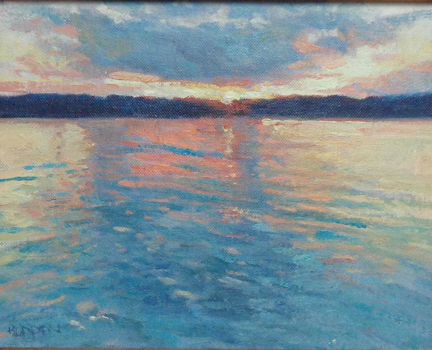 Sunrise Reflections is an oil painting on canvas by award winning contemporary artist Michael Budden that showcases a study of a beautifully colored sunrise and soft reflections in the water. The image measure 8 x 10 unframed. Painting is in