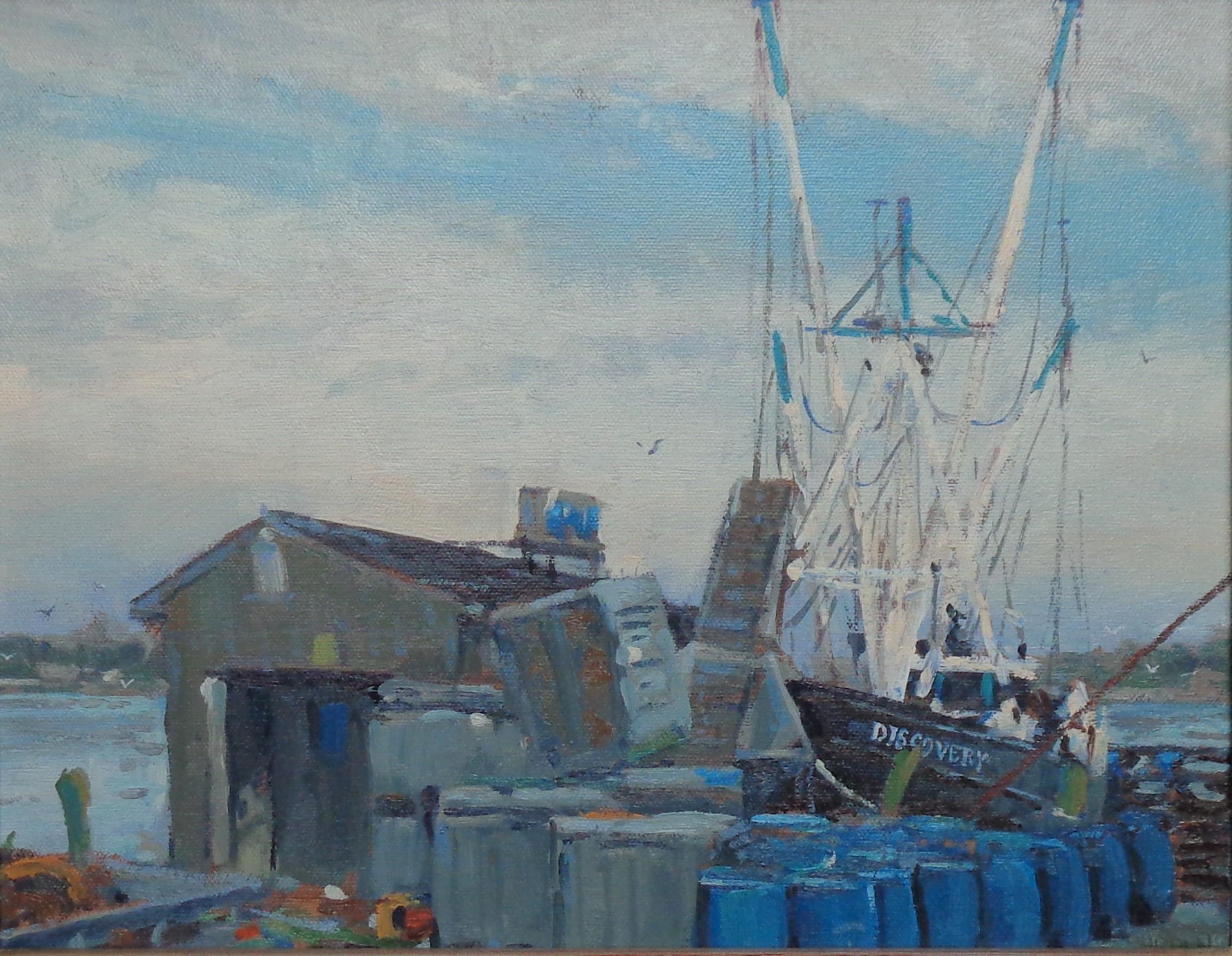 Pintura al óleo marina impresionista Michael Budden Barco de trabajo The Discovery en venta 1