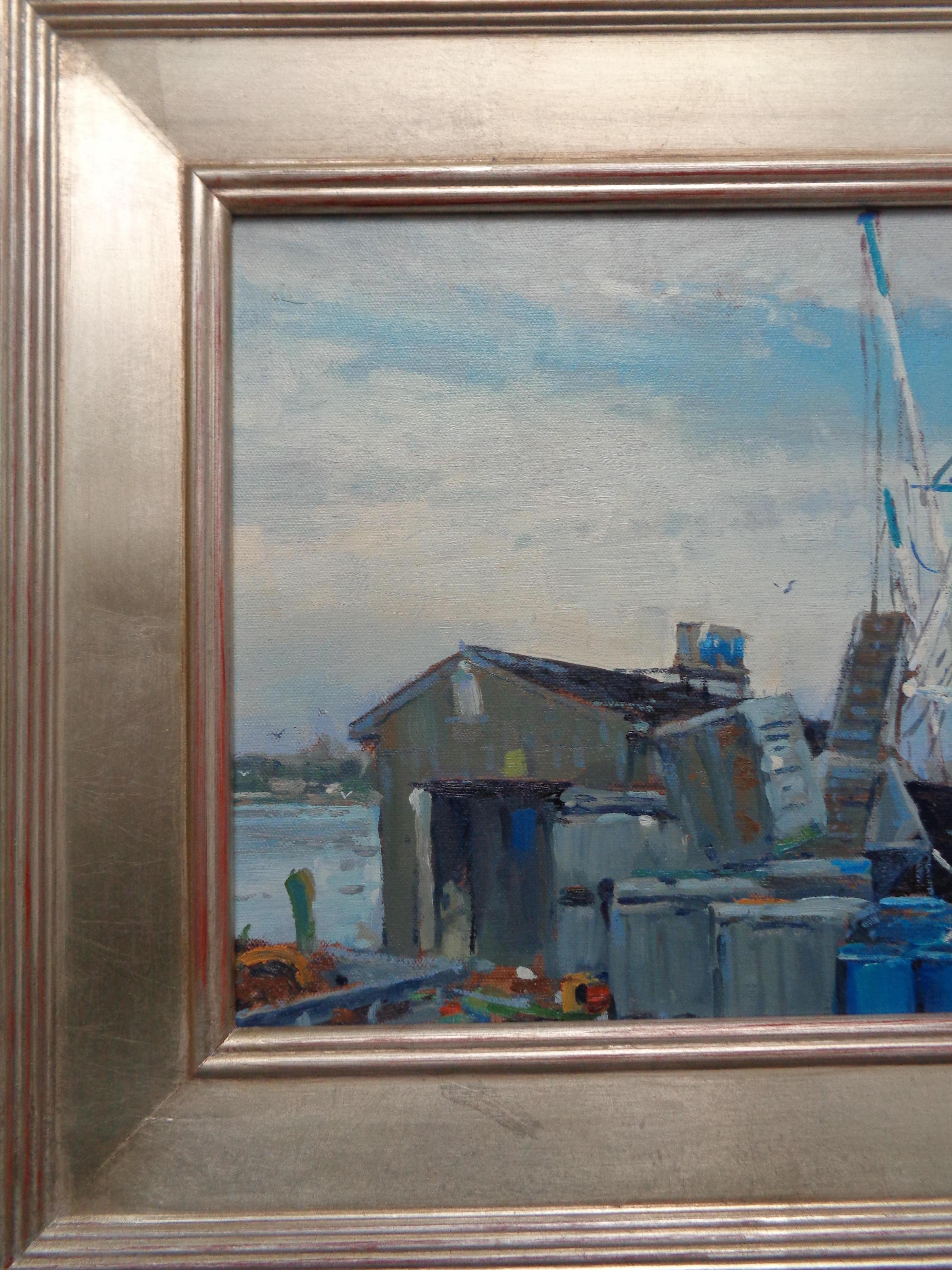 Pintura al óleo marina impresionista Michael Budden Barco de trabajo The Discovery en venta 2