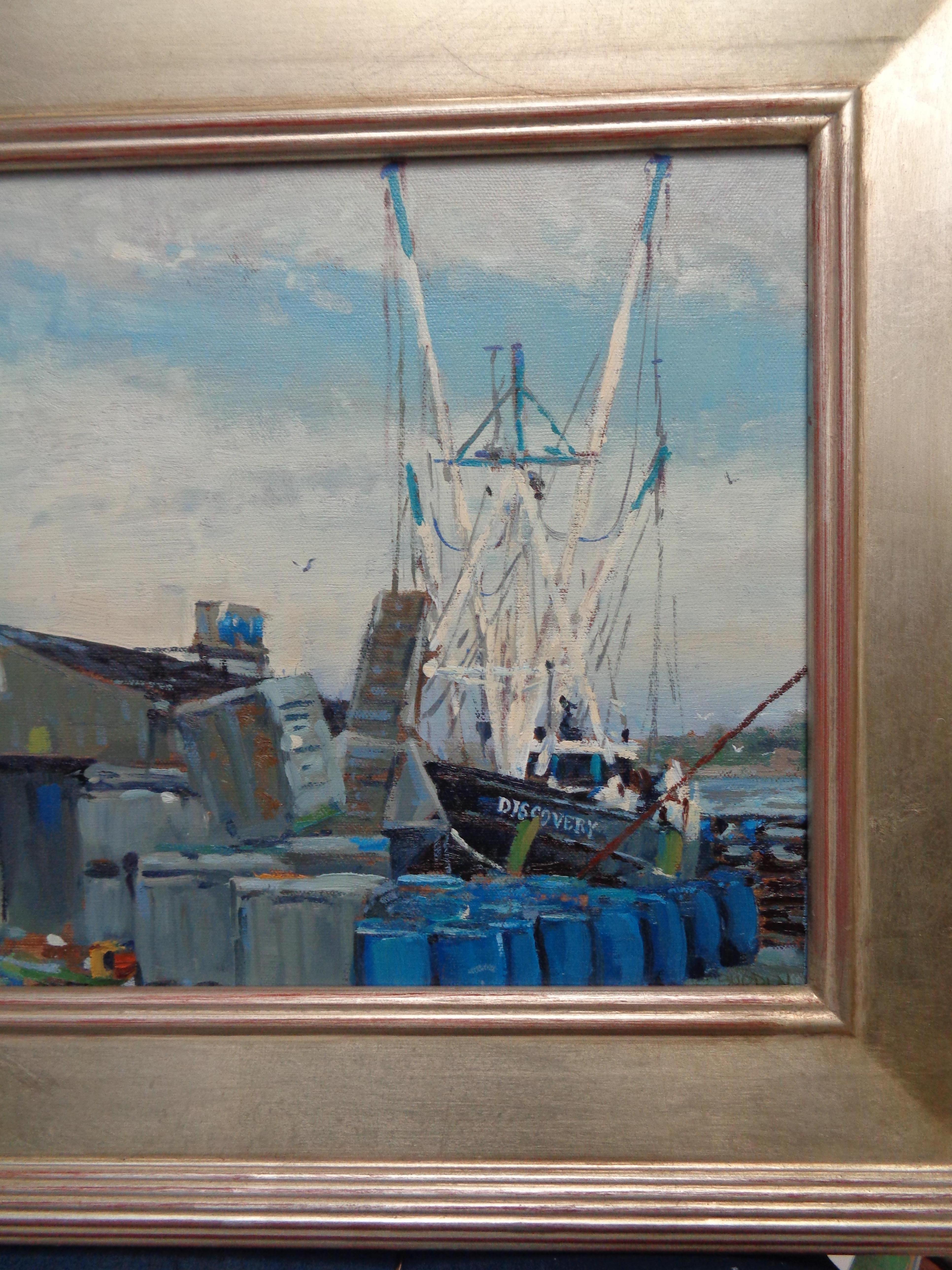 Pintura al óleo marina impresionista Michael Budden Barco de trabajo The Discovery en venta 3