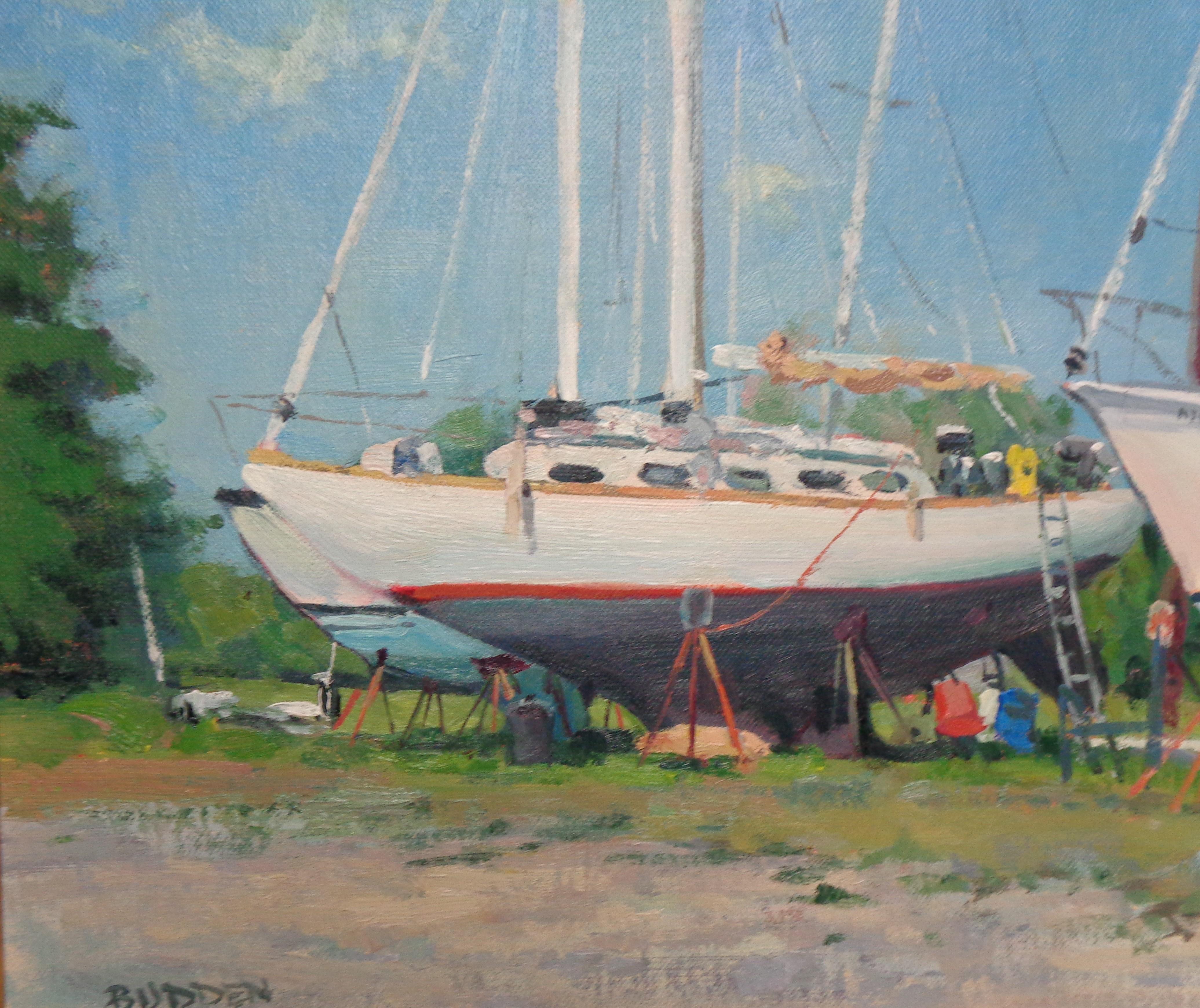 Pittura impressionistica di Marin Michael Budden Barche su trampolieri Hancocks Harbor in vendita 1