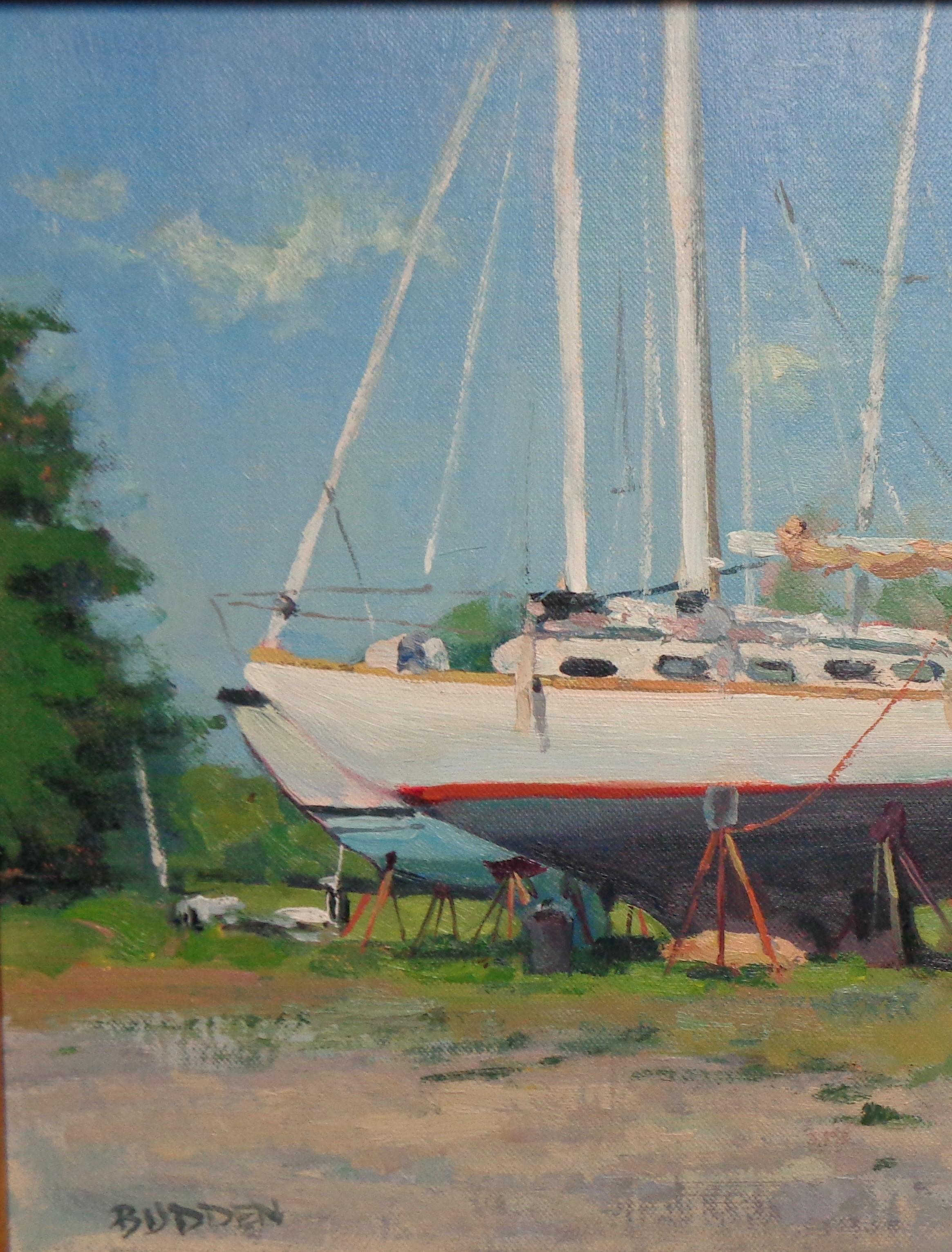 Pittura impressionistica di Marin Michael Budden Barche su trampolieri Hancocks Harbor in vendita 2