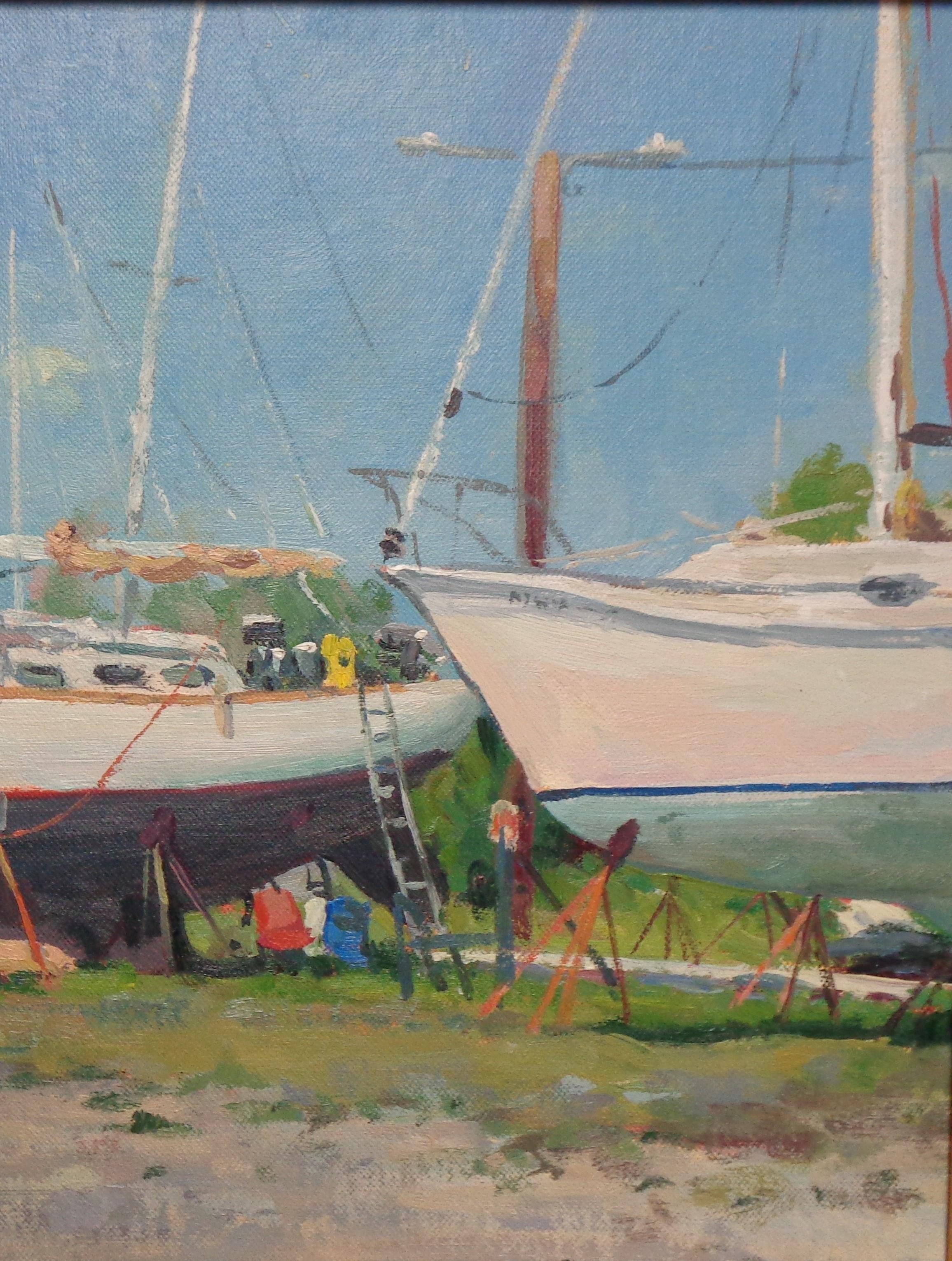 Hancock Harbor Greenwich NJ
oil/panel 12 x 16 image
Hancock Harbor is an plein air oil painting on canvas panel by award winning contemporary artist Michael Budden that showcases a uniquely beautiful scene with boats on stilts with an incredible