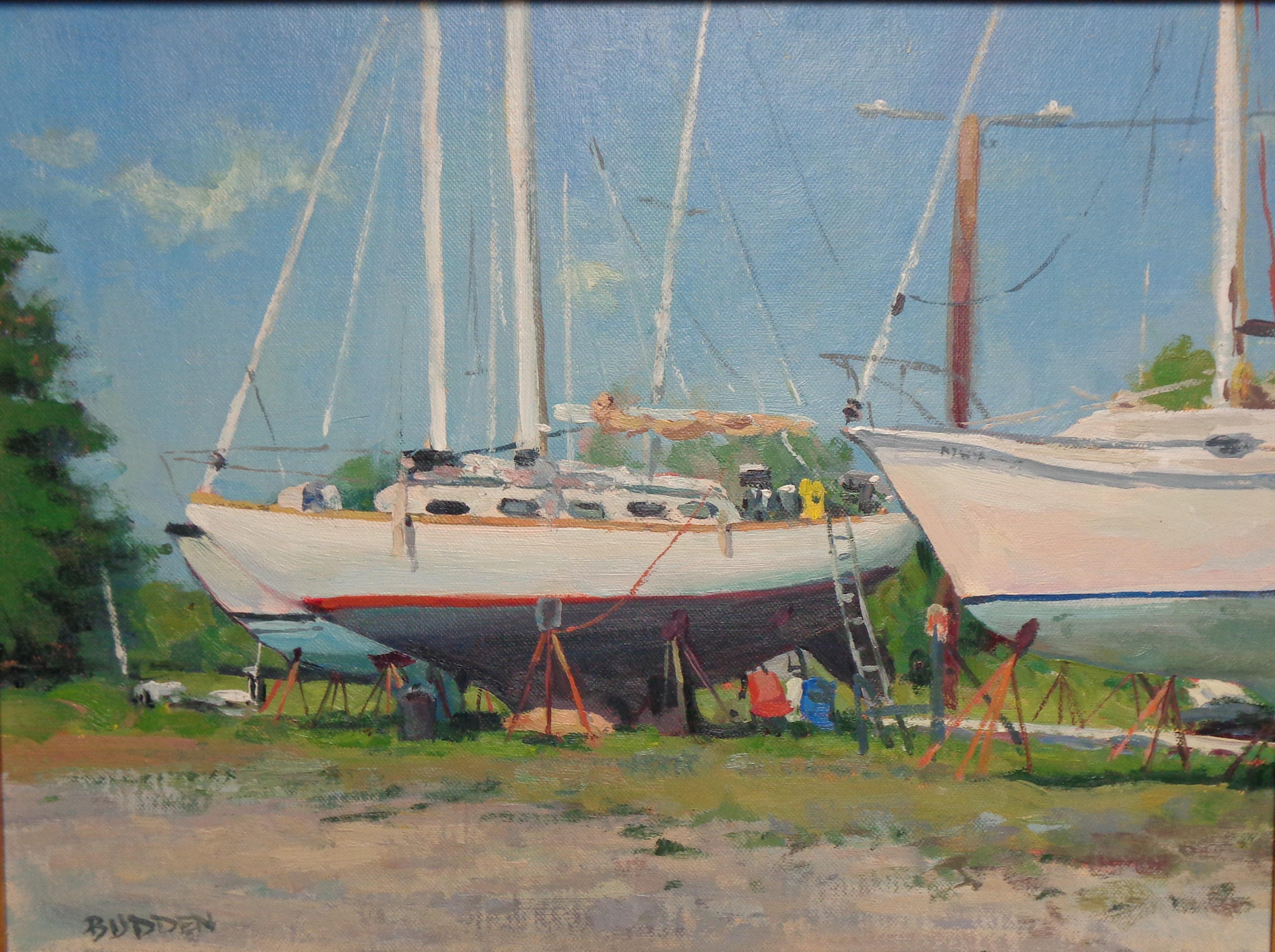 Impressionistic Marine Painting Michael Budden Boats On Stilts Hancock Harbor   For Sale 1
