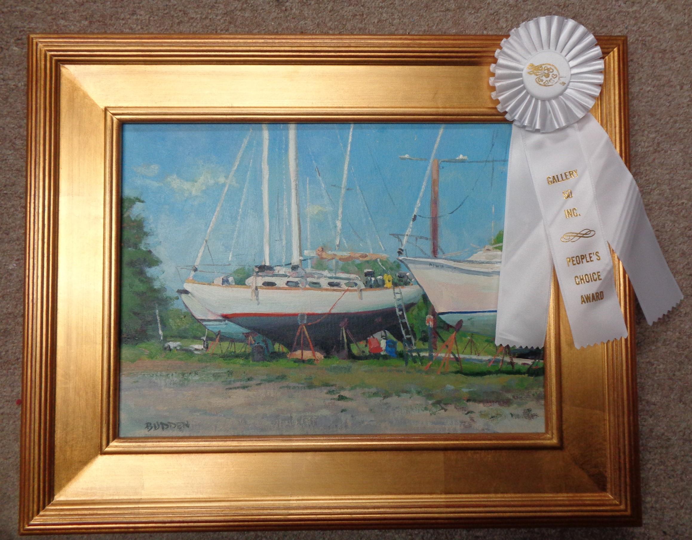 Impressionistic Marine Painting Michael Budden Boats On Stilts Hancock Harbor   For Sale 2