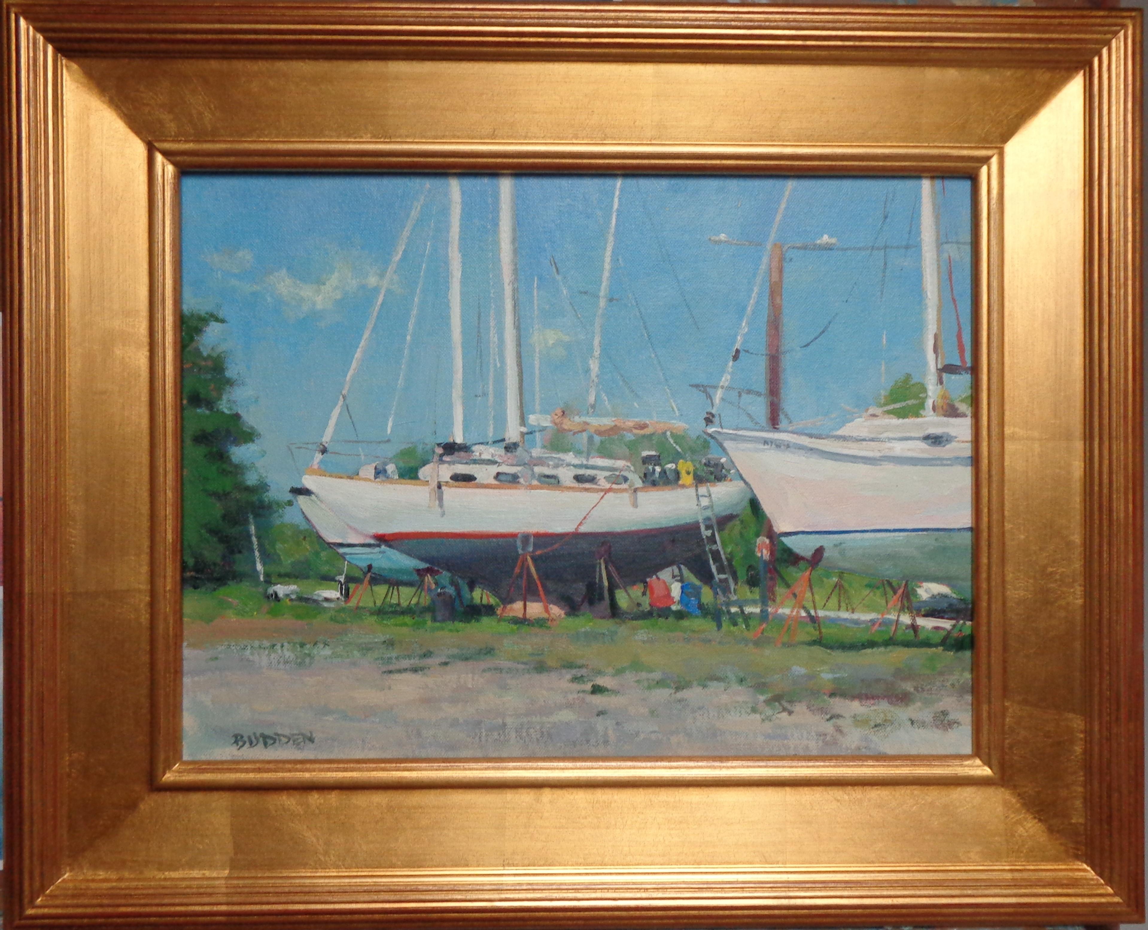 Impressionistisches Marinegemälde Michael Budden Boote auf Stilts Hancock Harbor, Hancock Harbor